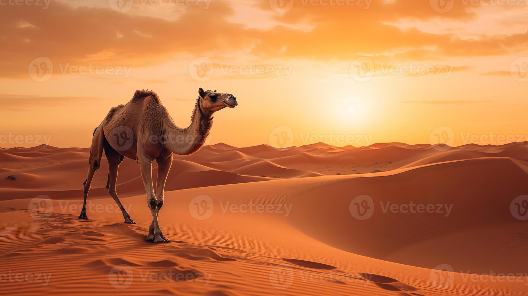 AI generated Lone camel stands of searing heat sandy desert watches at setting sun, camel symbolizes struggle photo