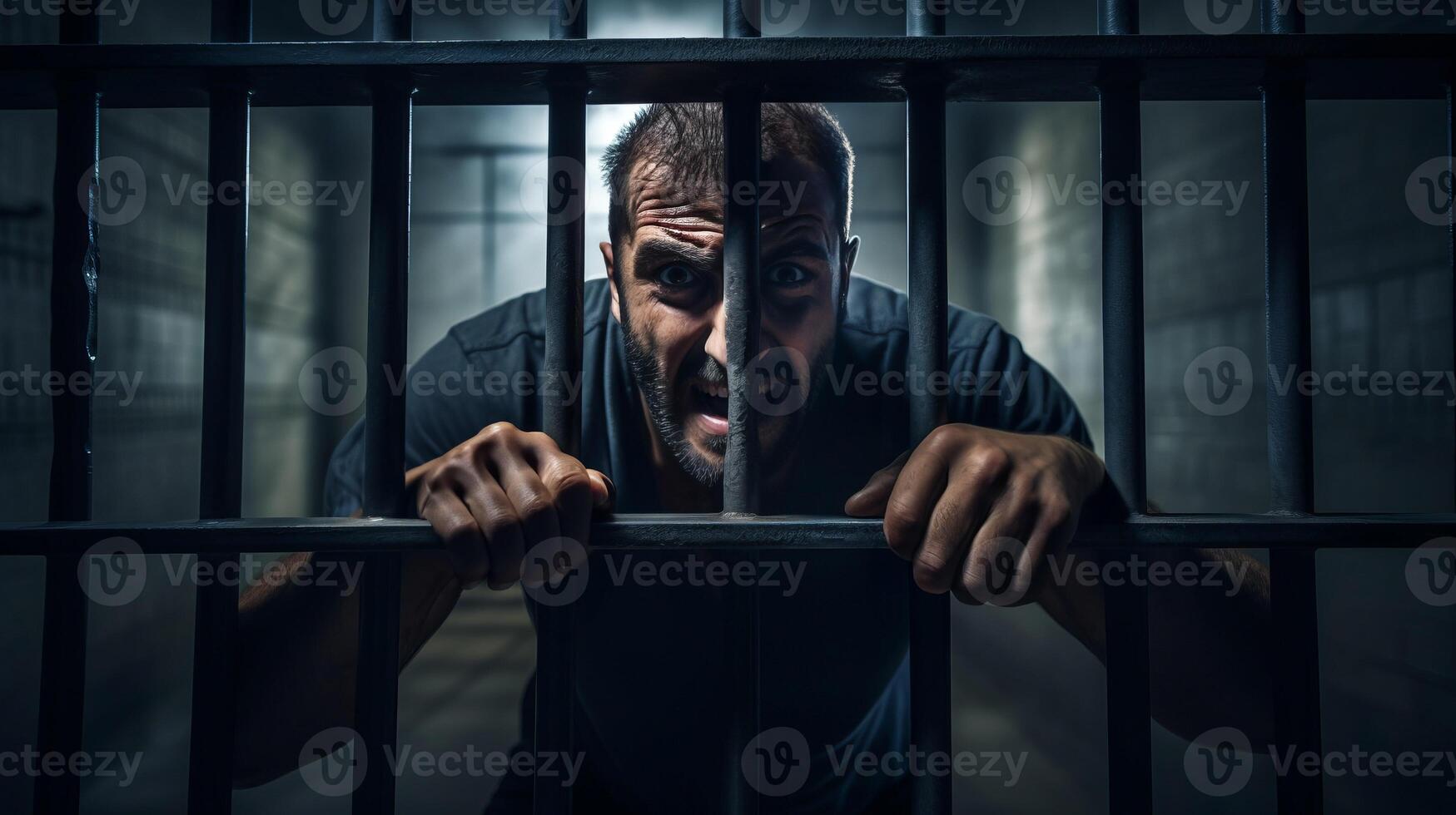 AI generated Angry male inmate confined behind bars desperately asking to released from custody photo