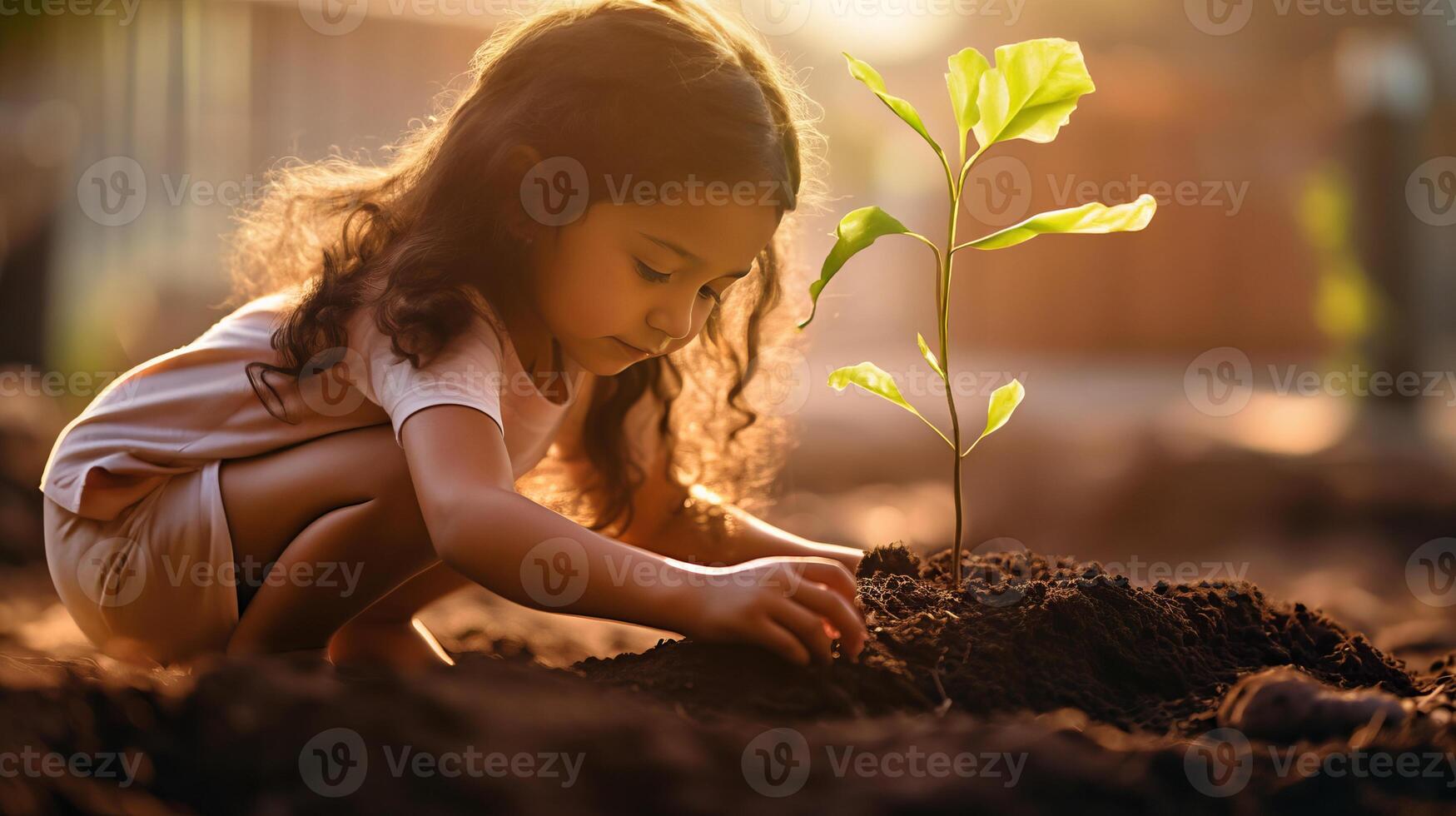 AI generated Little girl carefully plants tree sapling in ground of sunlight garden creating heartwarming scene photo