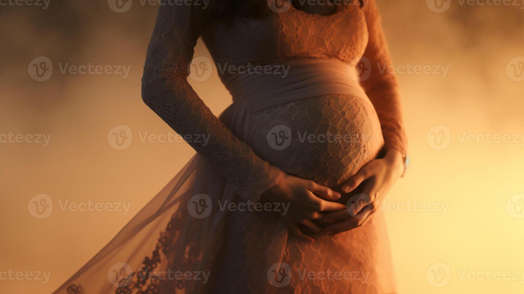 AI generated Close up view to woman hands gently cradling her pregnant belly amidst misty fog photo