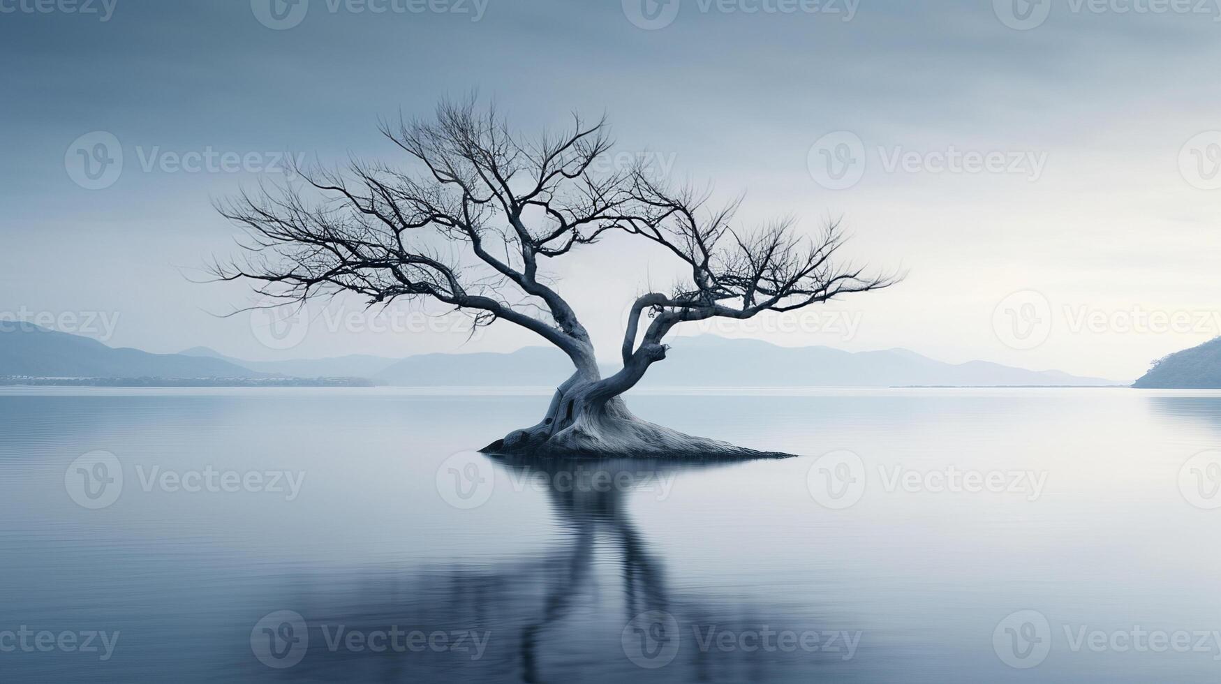 AI generated Lonely tree in midst of bleak lake creates melancholic atmosphere evoking sense of isolation photo