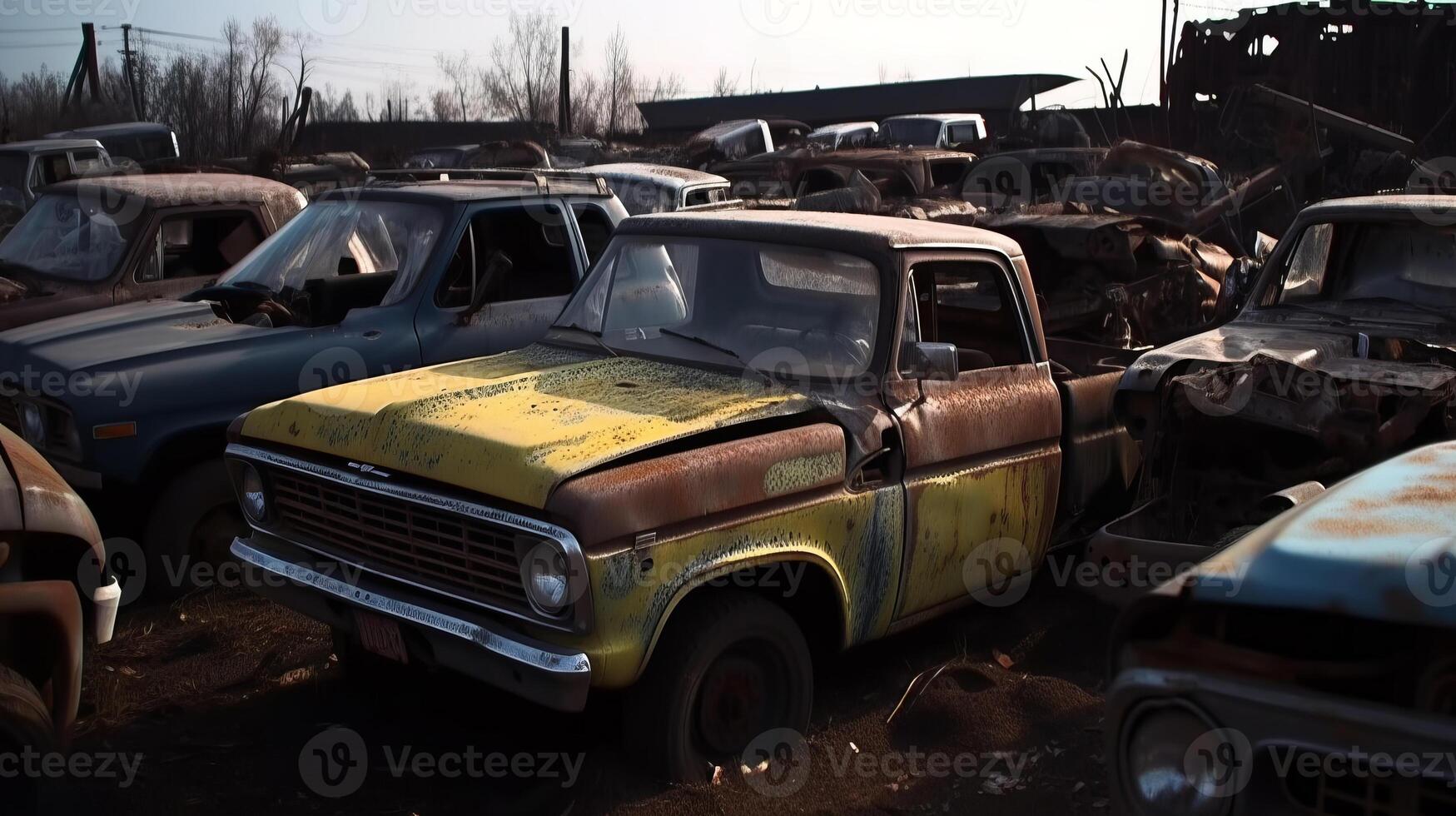 AI generated Car dump with old rusting vehicles forming graveyard of abandoned cars, passage of time photo