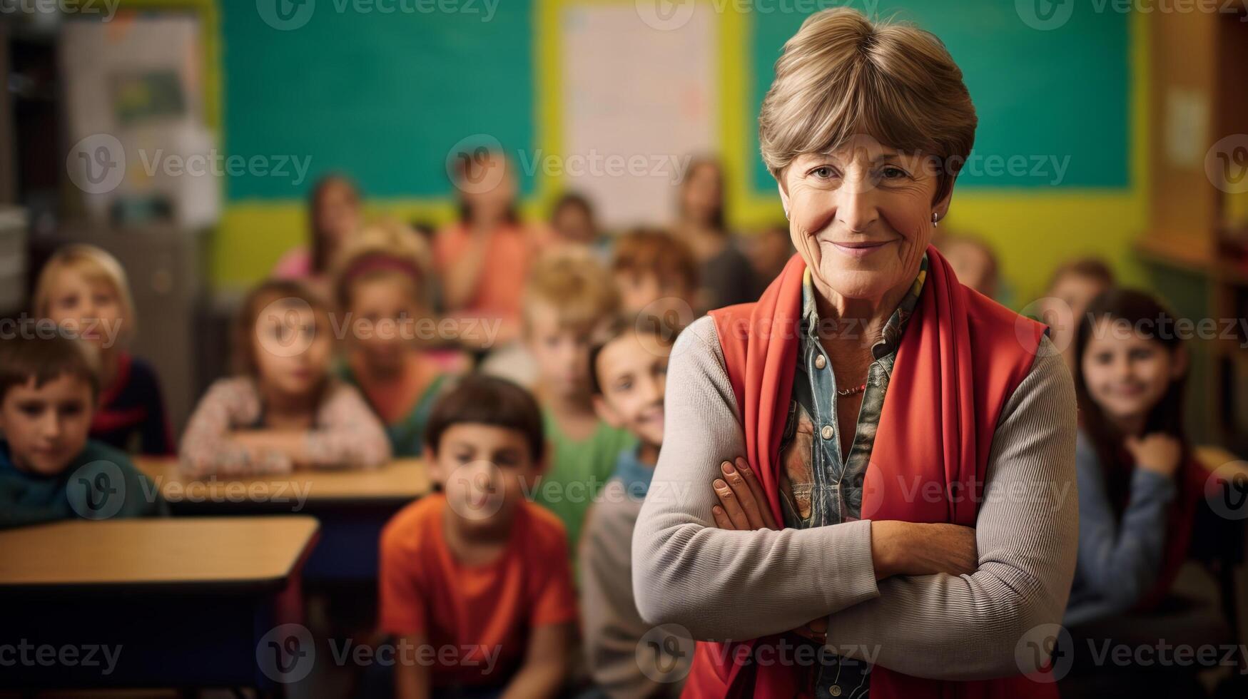 ai generado retrato de medio Envejecido hembra profesor sonrisas con brazos cruzado en salón de clases lleno de niños foto