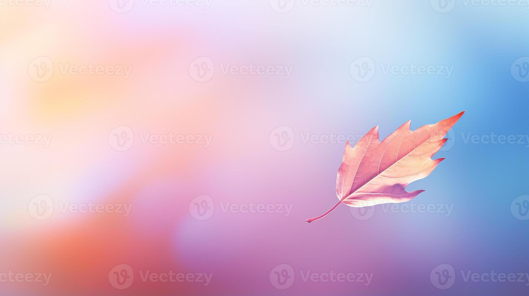 AI generated Single autumn leaf gently fall against vivid colorful minimalistic backdrop, copy space photo