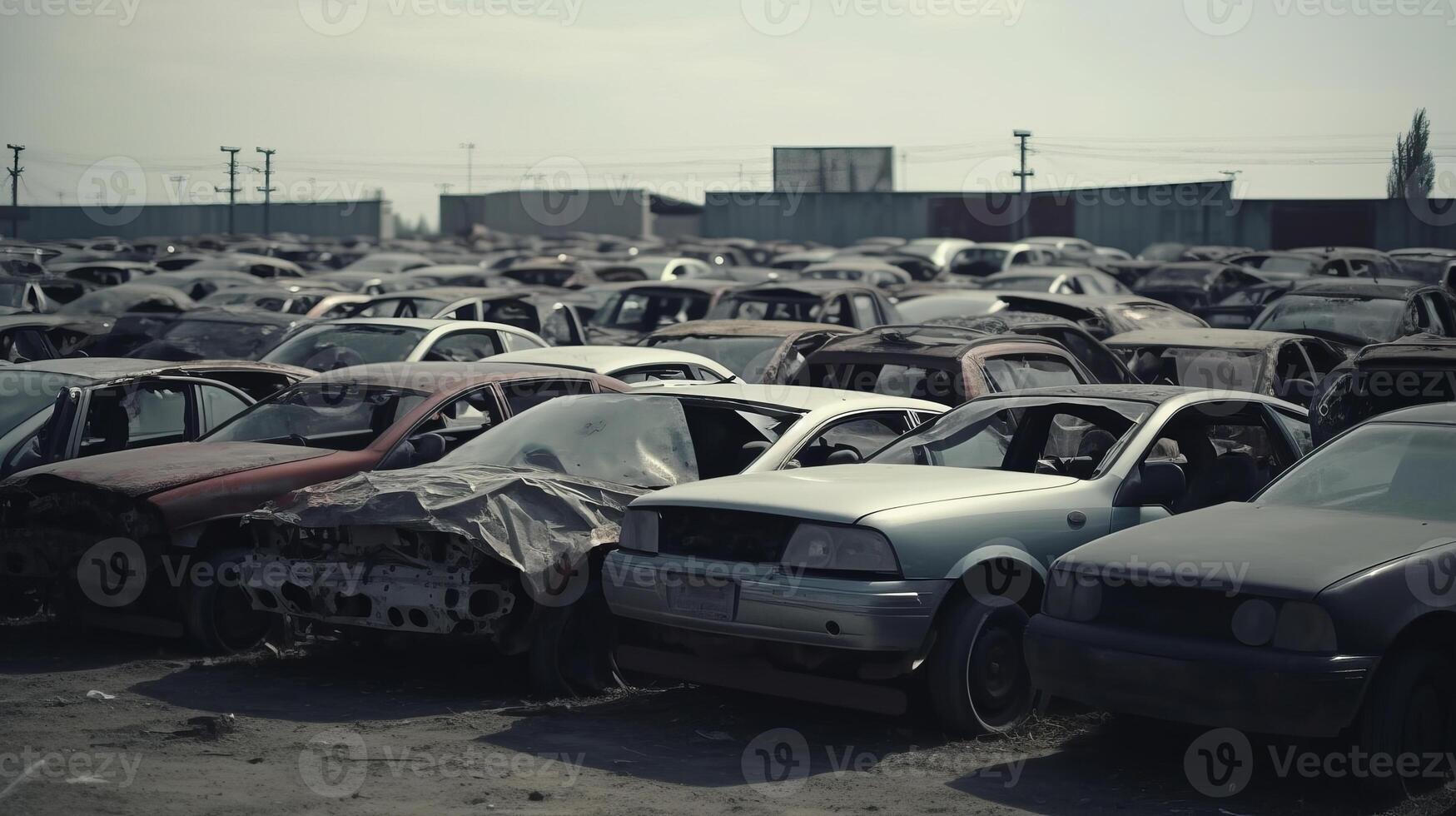 AI generated Car dump with old rusting vehicles forming graveyard of abandoned cars, passage of time photo
