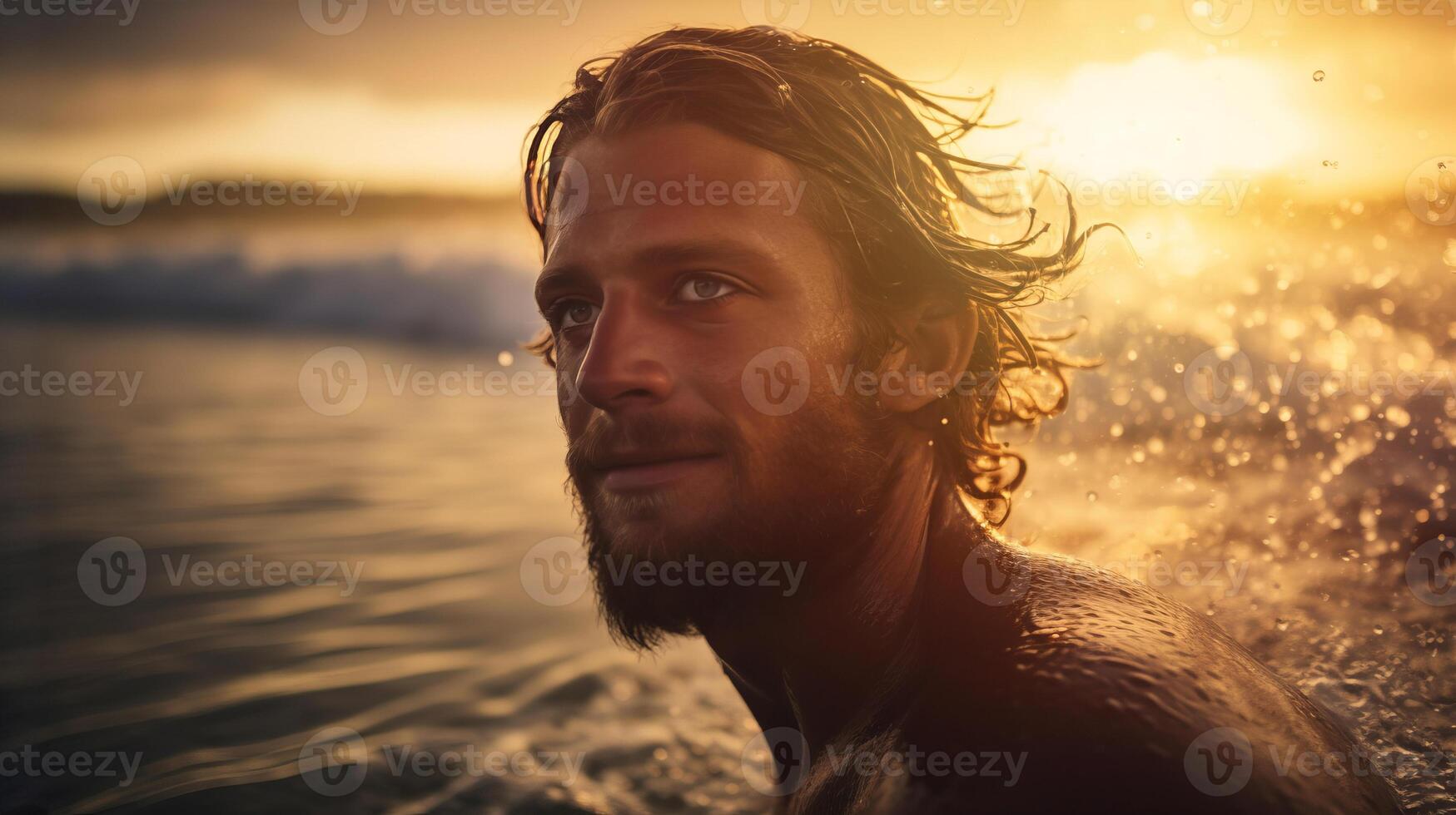 AI generated Close up of attractive man swimming in sea at golden warm glow of sunset surrounded by sea spray photo