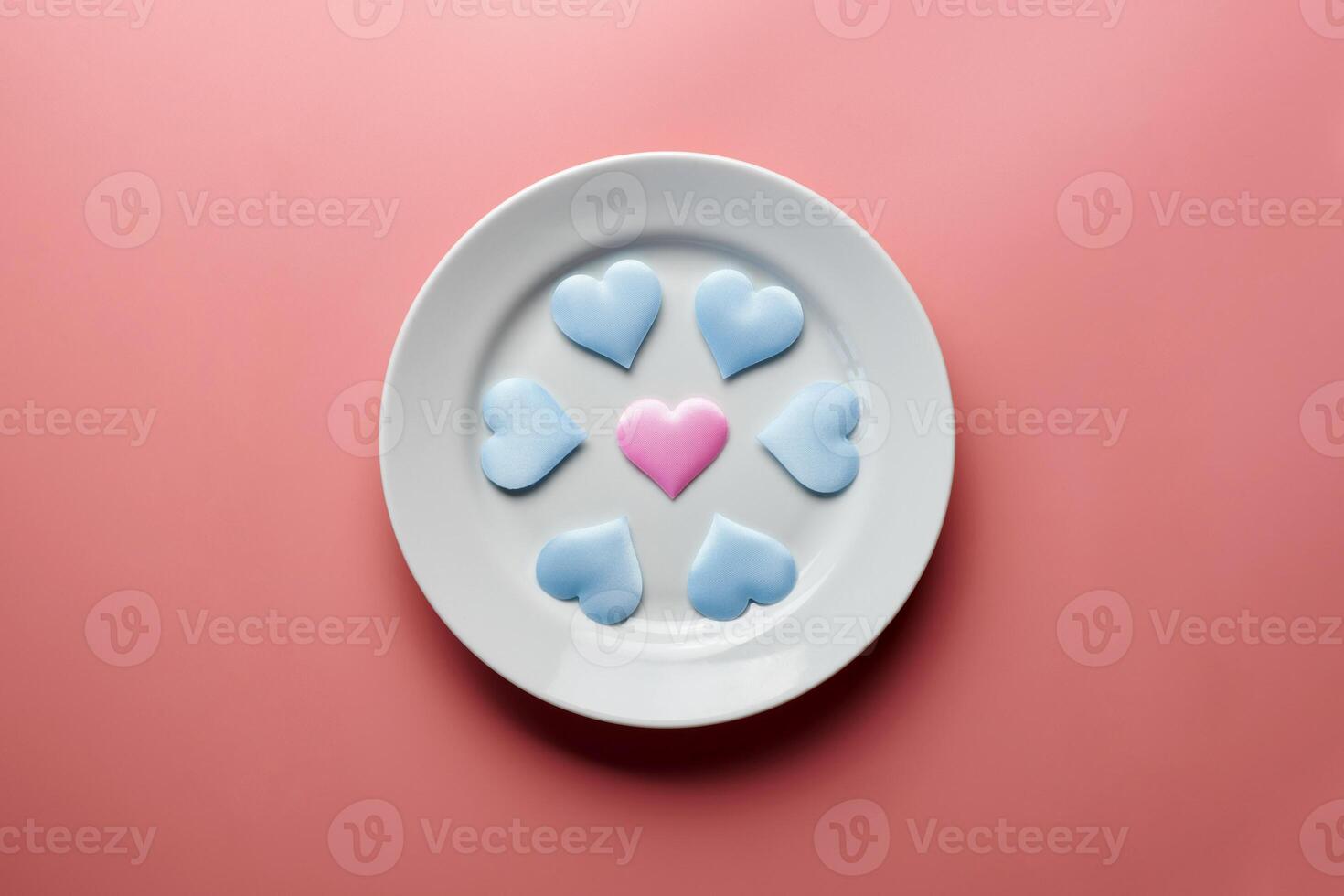 Hearts on plate. Woman and men love flirt. Choice among different sex partners. New girlfriend or boyfriend. Promiscuity and polygamy concept. photo