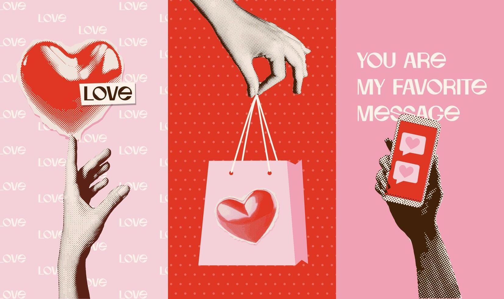 de moda San Valentín vertical pancartas conjunto con trama de semitonos maravilloso manos participación corazón, presente papel bolso y teléfono con amor mensaje. nostalgia Arte con Años 80 revista estilo elementos. vector ilustración.