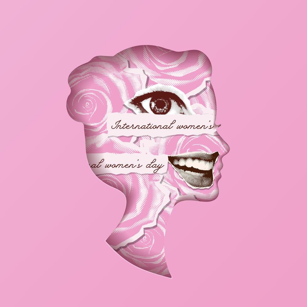 Creative artwork halftone collage picture for 8 march concept if paper cut female head profile made of paper stickers. Roses, eye and mouth torn out zine elements on pink background. Vector