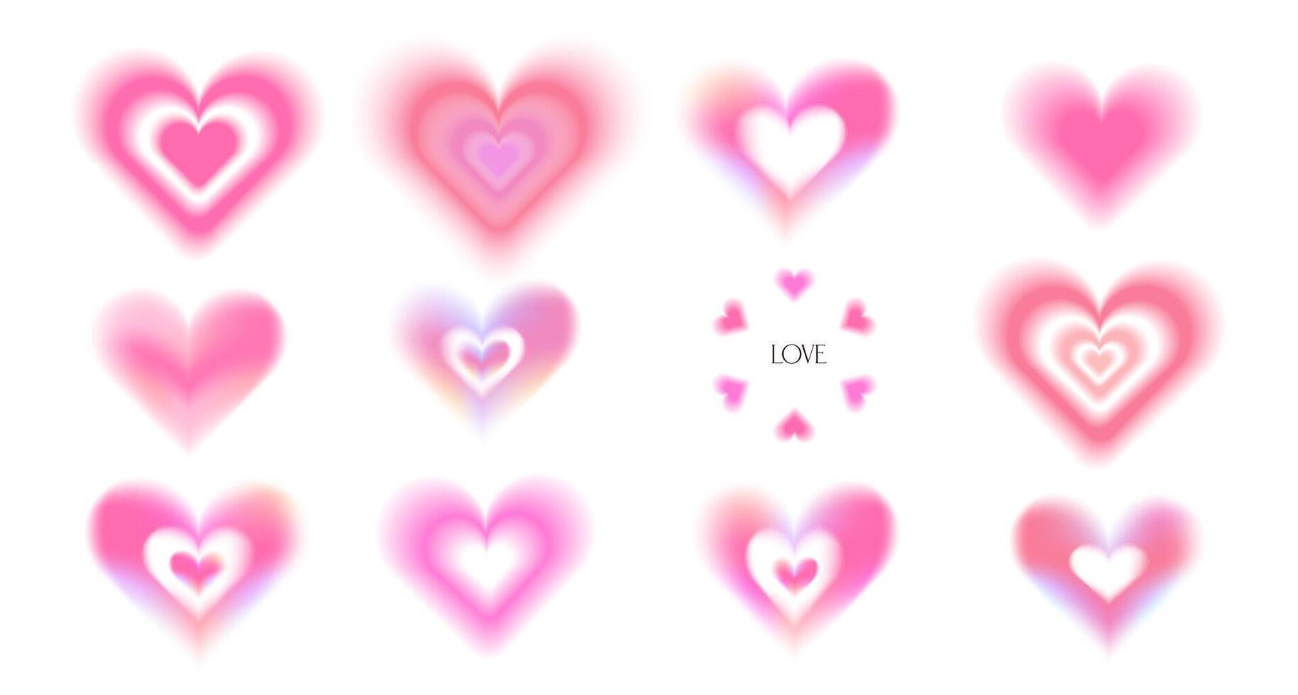 Trendy blurry heart shapes set. Y2k aura collection for valentine's day decor. Blurred smooth gradient elements for logo, templates, badges, stickers, collages. Vector illustration