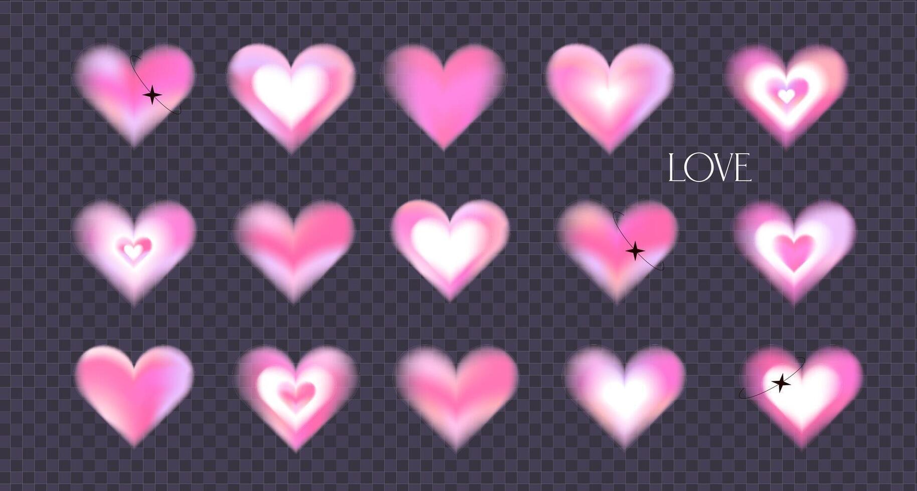 Trendy y2k girly blurred gradient hearts. Retro groovy hearts, soft pastel aura texture. Vector illustration for poster design, social media, valentine day card, cool romantic background.