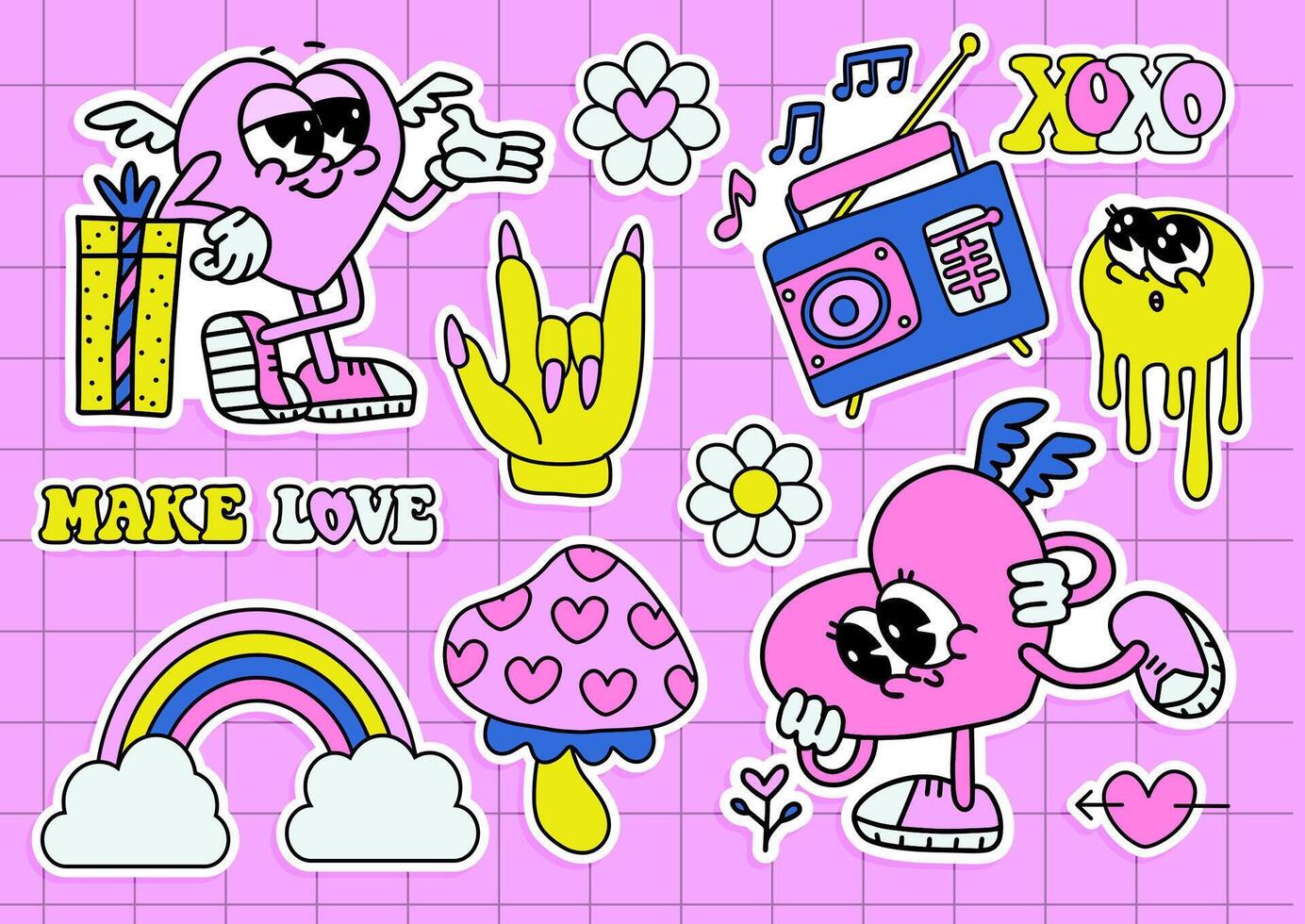 Groovy Valentine characters set. Cute comic hippie collection of heart shaped cartoon mascots in different poses. Design for valentine card, decorative, sticker, print. Vector