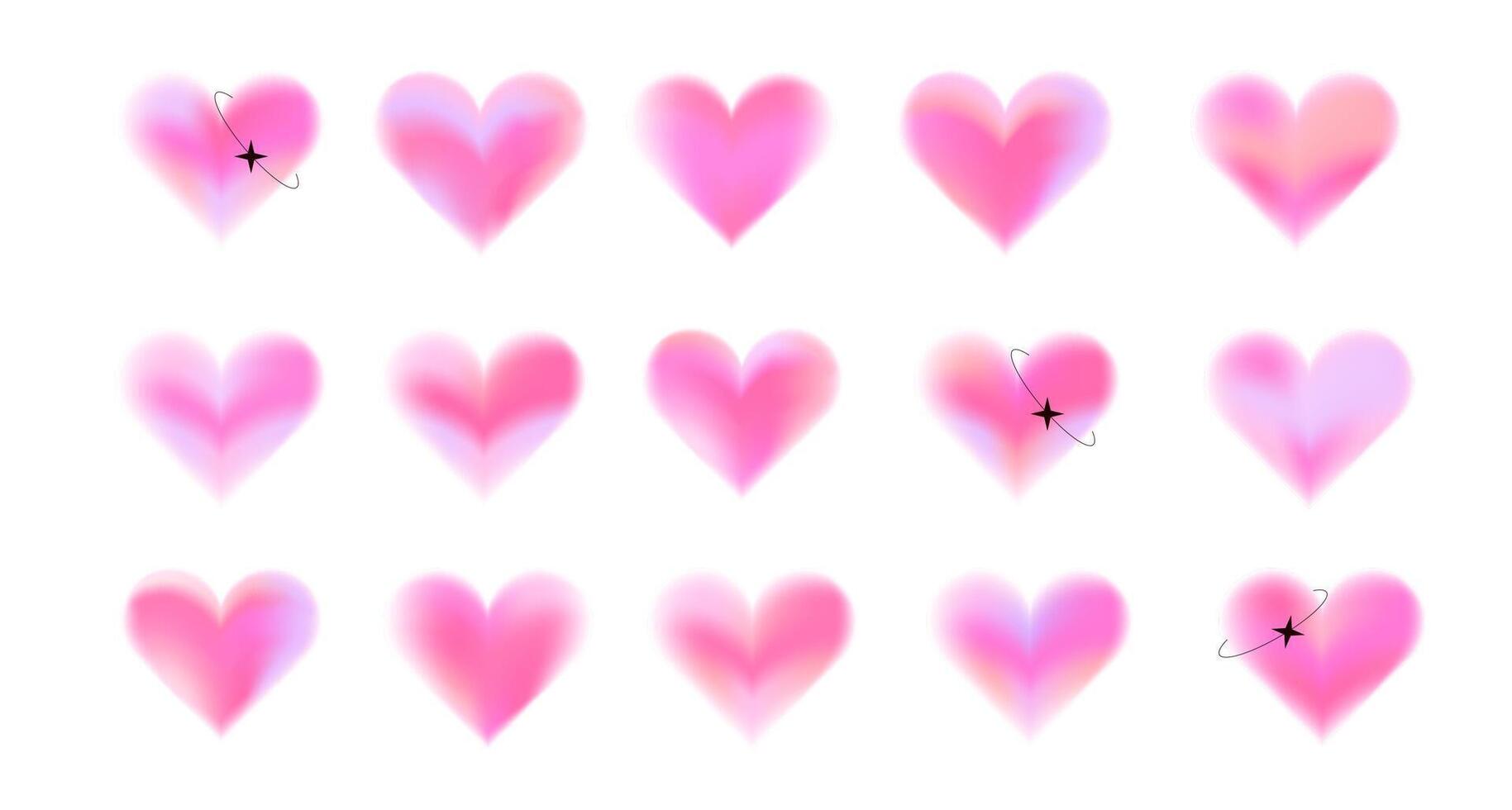Y2k hearts with blurry gradient set. Retro Valentine's Day design elements. Vector illustration.
