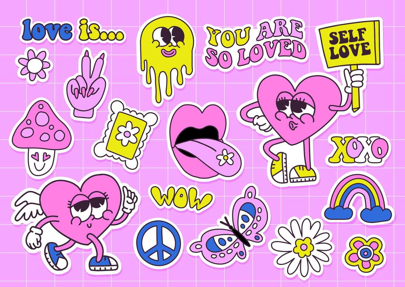 Trendy groovy valentines day sticker set with heart characters. Retro valentines day. Neon 90s aesthetics. Vintage comic vector. vector