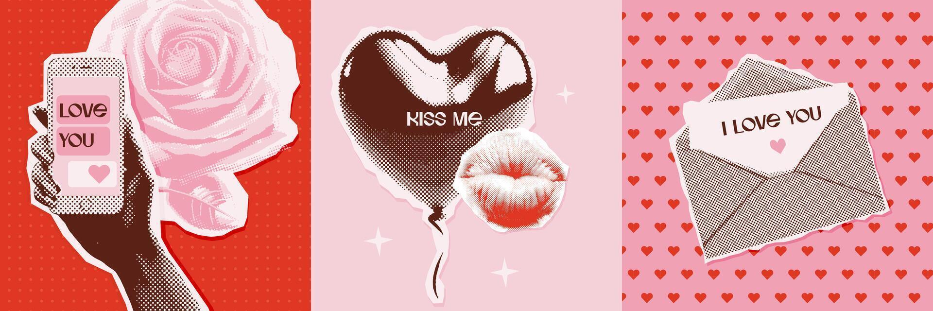 Valentine day halftone collage square banners set with love letters, phone message, heart shaped balloon. Trendy vintage mixed media vector illustration