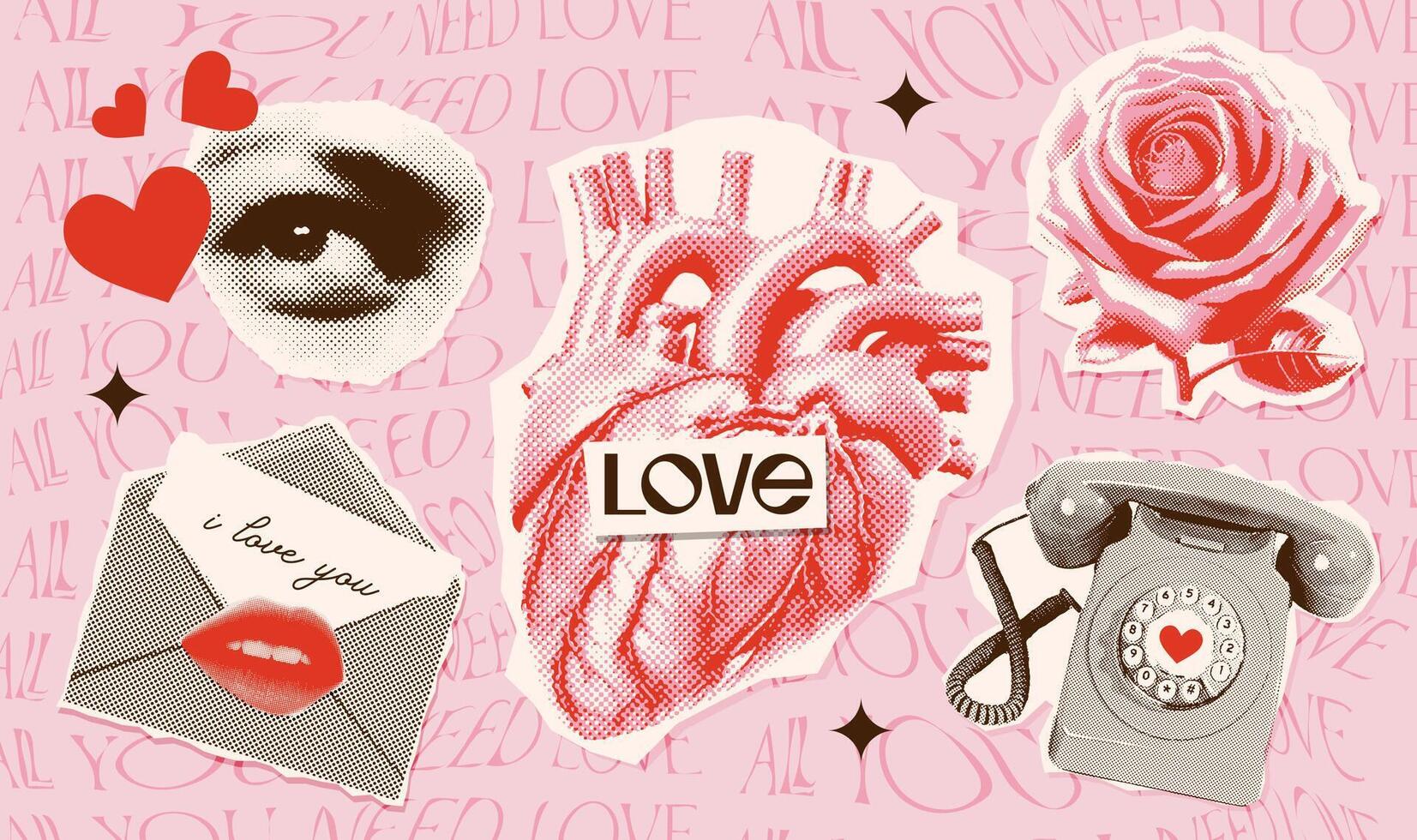 Set of retro halftone Valentine day torn out paper stickers elements of human heart, eye, love letter, rose and retro telephone. Trendy collage vector illustration