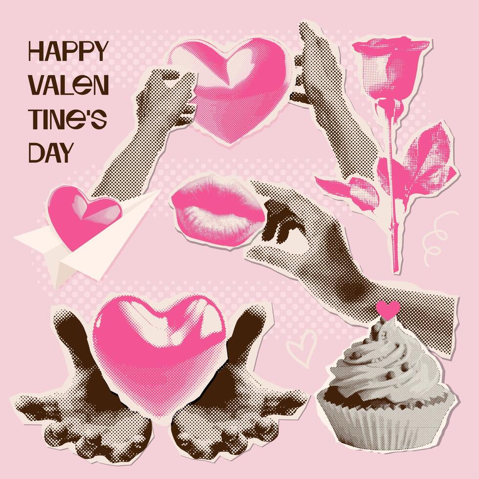 Halftone collage valentine's day set with funky torn out magazine paper shapes. Cake, hands holding hearts, rose, paper plane. Trendy vintage vector illustration