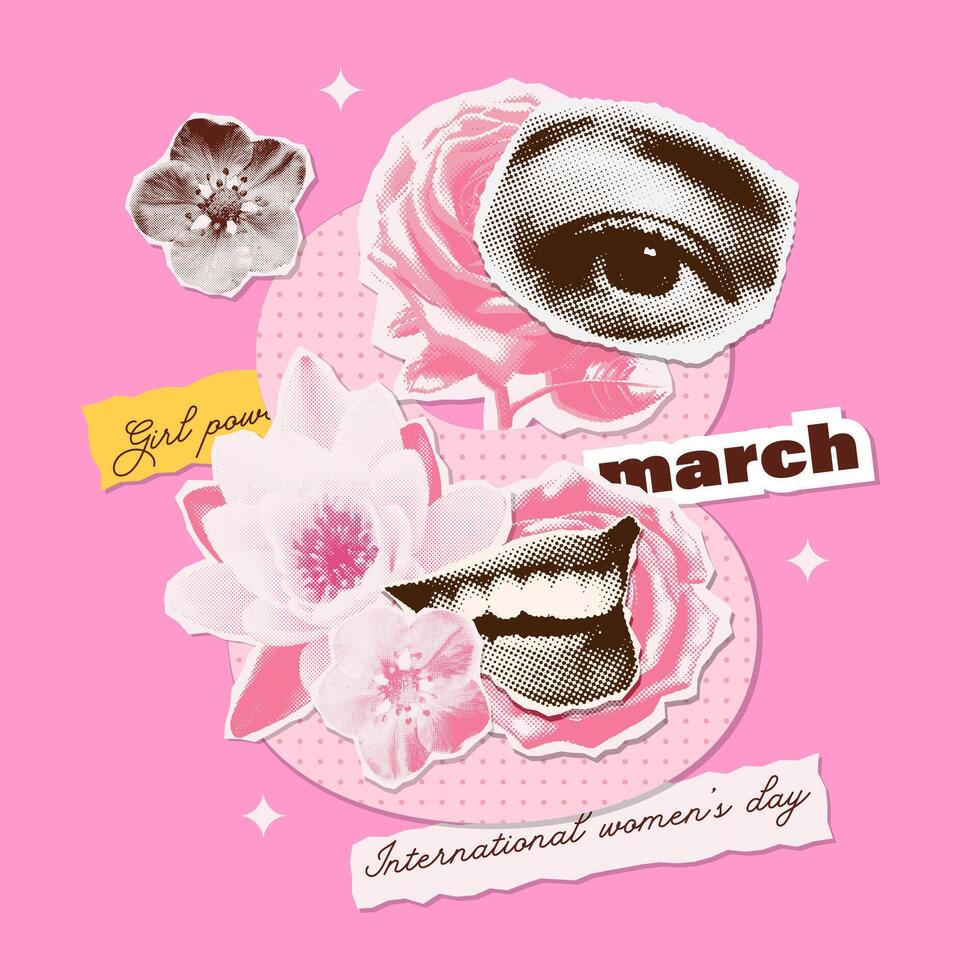Mixed media 8 female symbol with halftone female collage elements - flowers and torn out female face parts. Banner template for International womens day, feminism, gender equality. Vector illustration