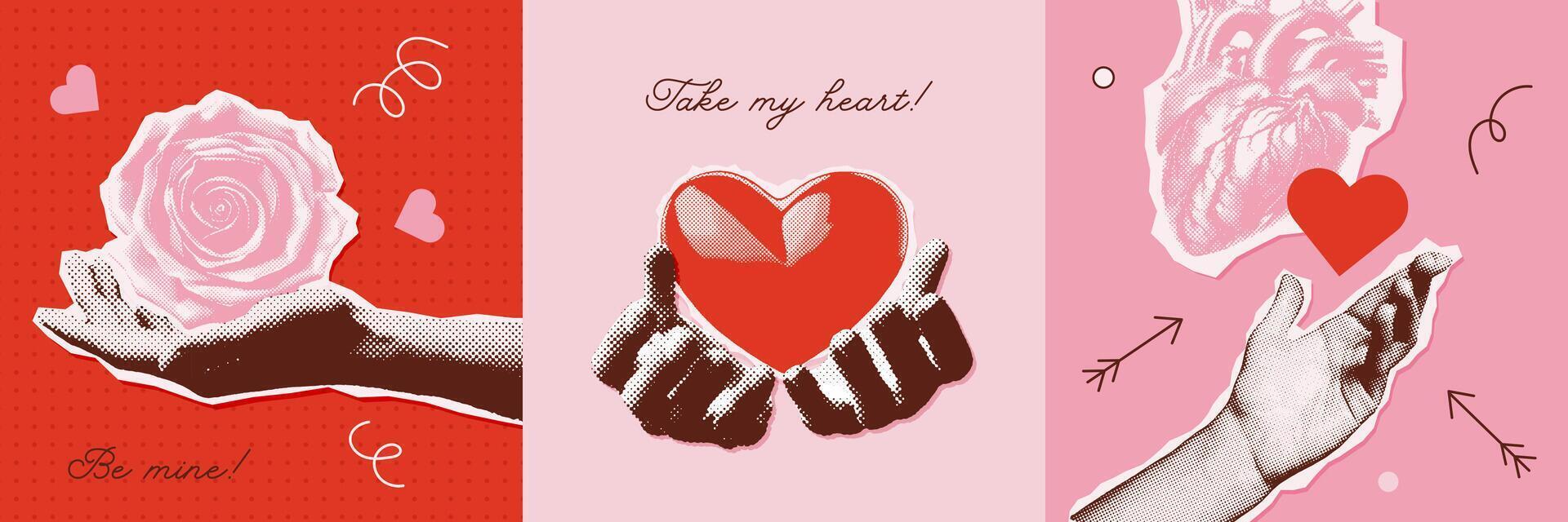Halftone collage Greeting cards set for Valentine's day decoration. Paper elements of hands holding heart and flowers. Trendy y2k vector illustration