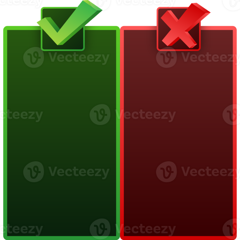 Dos and donts list with checkmark and cross mark. Ui design. Check mark icon. png