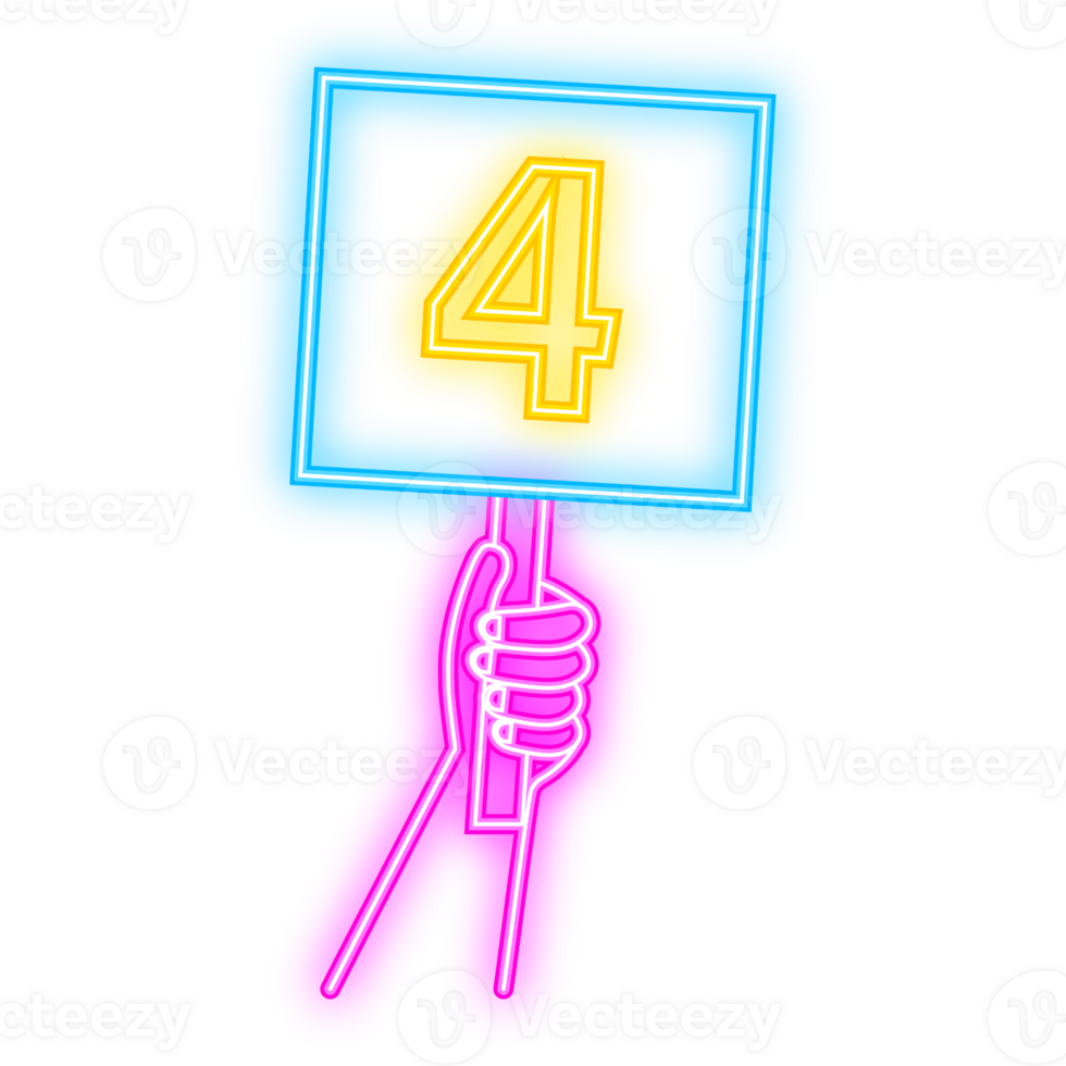 Cartoon card with jury rate. Neon icon. Hands holding score cards with numbers. png