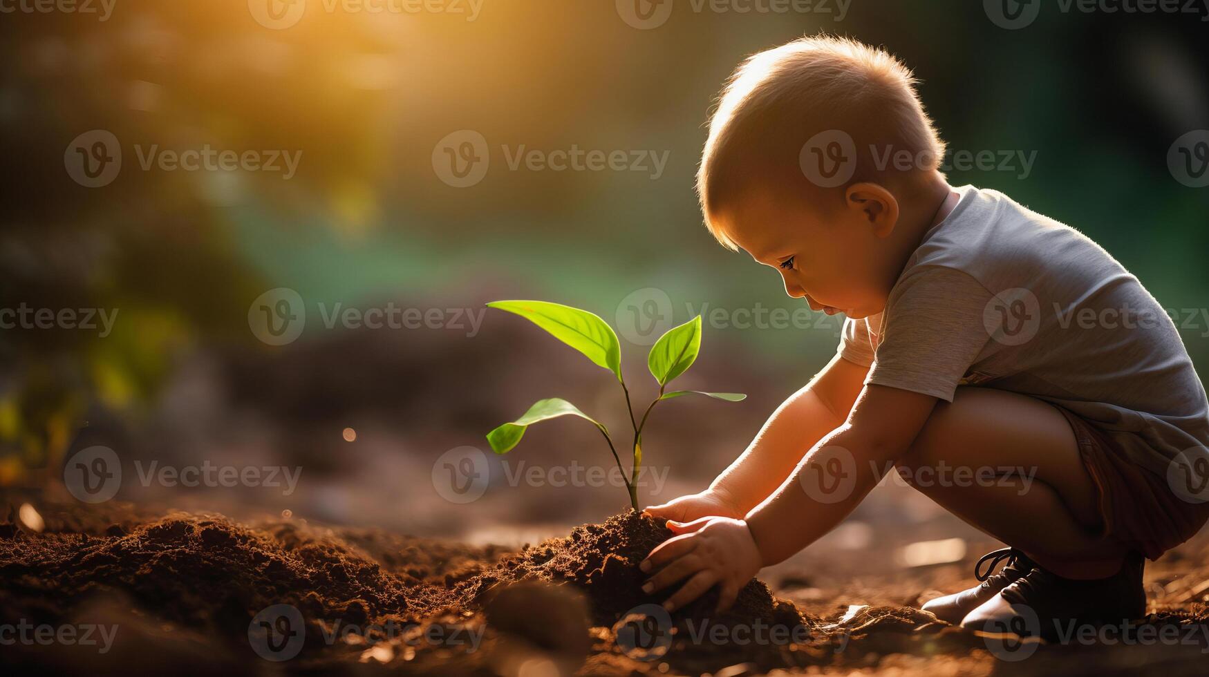 AI generated Little boy carefully plants tree sapling in ground of sunlight garden creating heartwarming scene photo