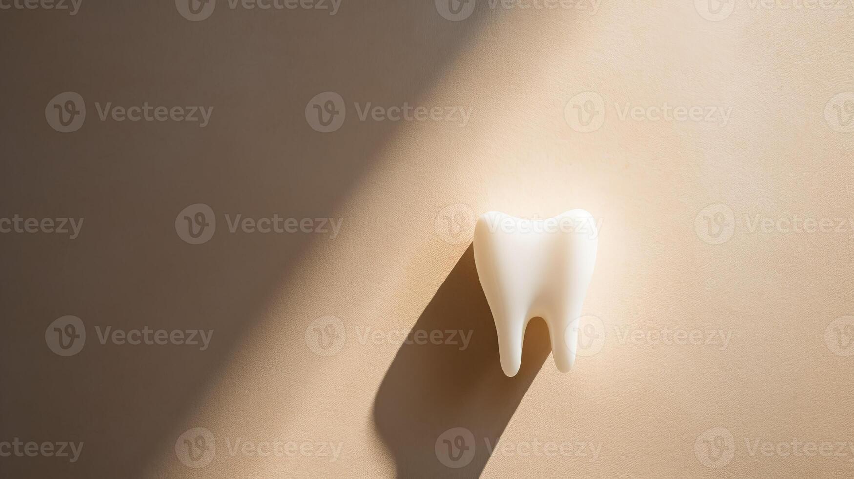AI generated Human tooth against stone beige background with shadow cast by strong light photo