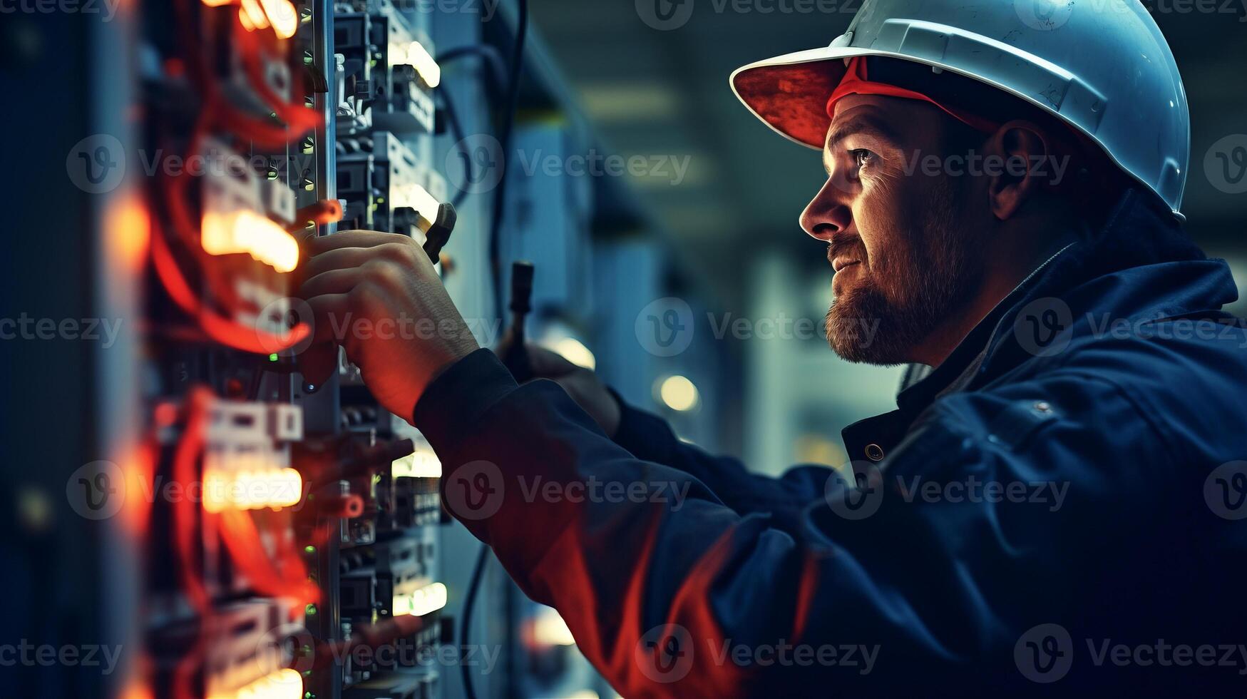 ai generado sonriente electricista, hermoso y experto, soluciona problemas interruptor automático panel foto