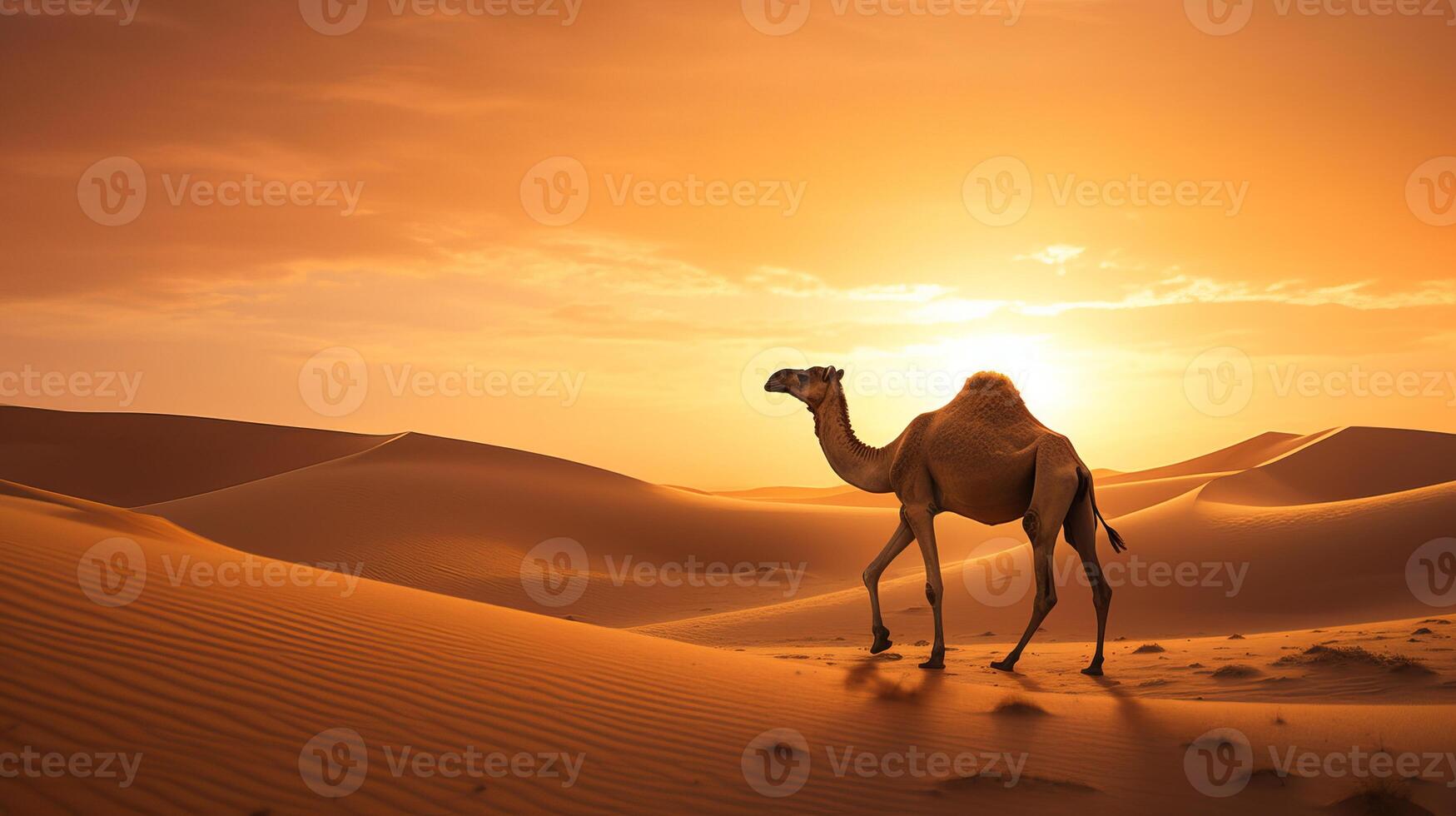 AI generated Lone camel stands of searing heat sandy desert watches at setting sun, camel symbolizes struggle photo