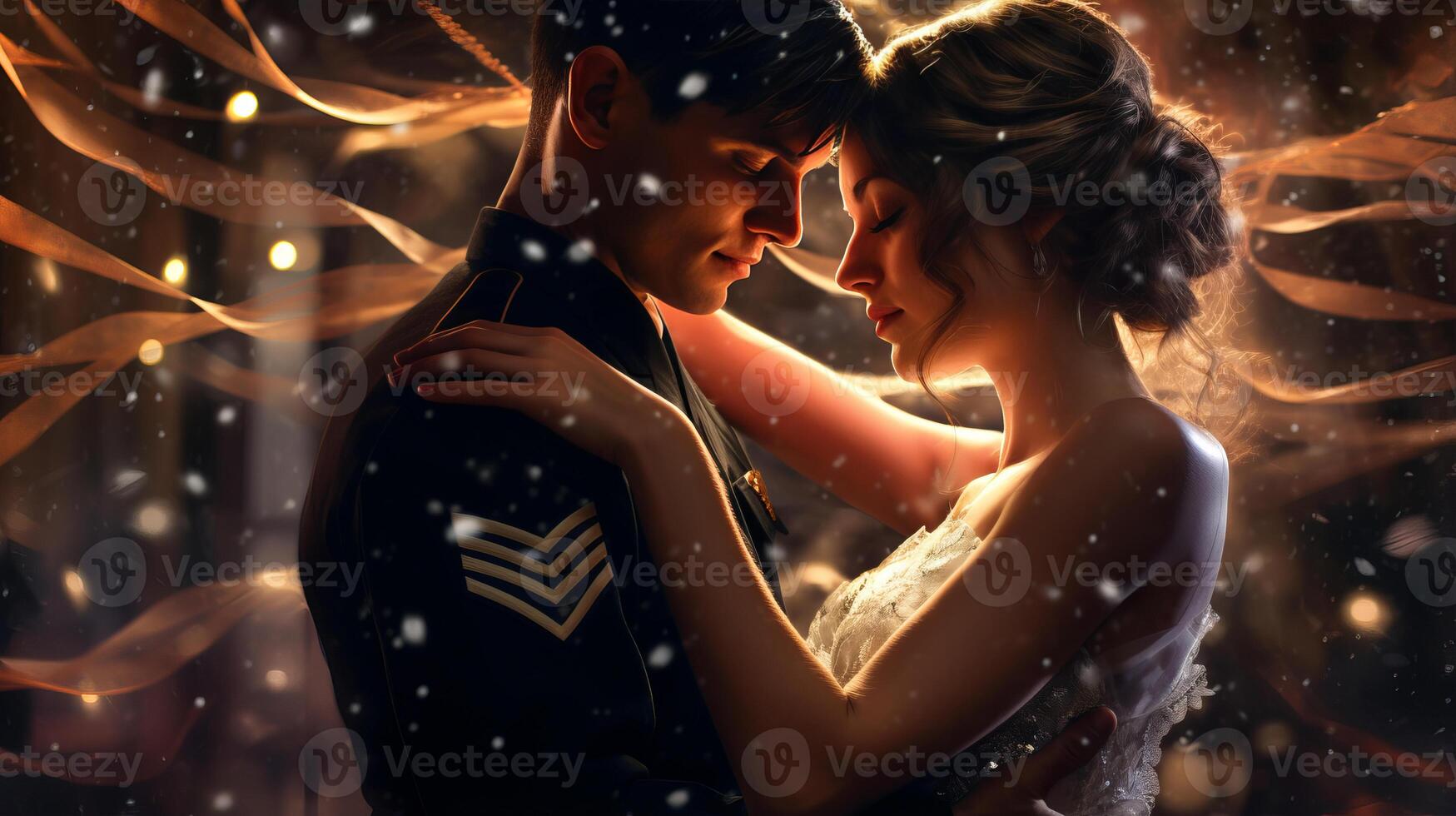 AI generated Soldier holds his beloved girl tightly, loving couple under blurry drops of rain and snow photo