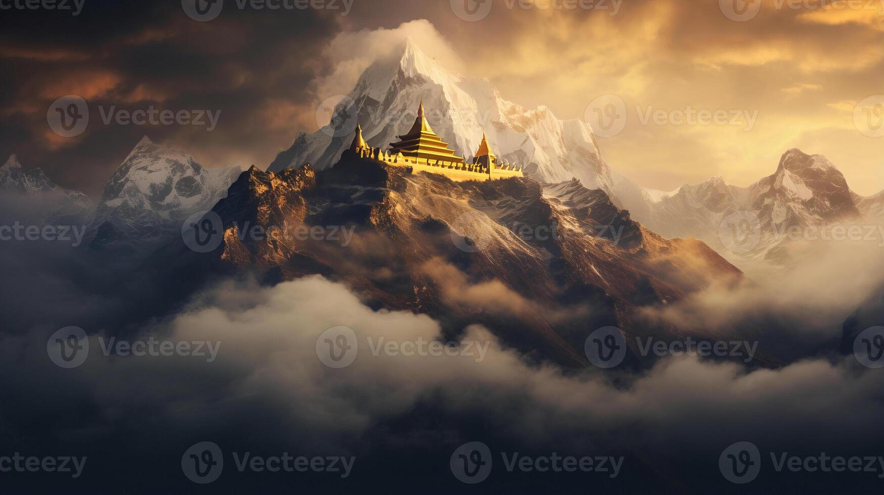AI generated Majestic buddhist temple nestled in misty mountain surroundings at dawn exudes serenity photo