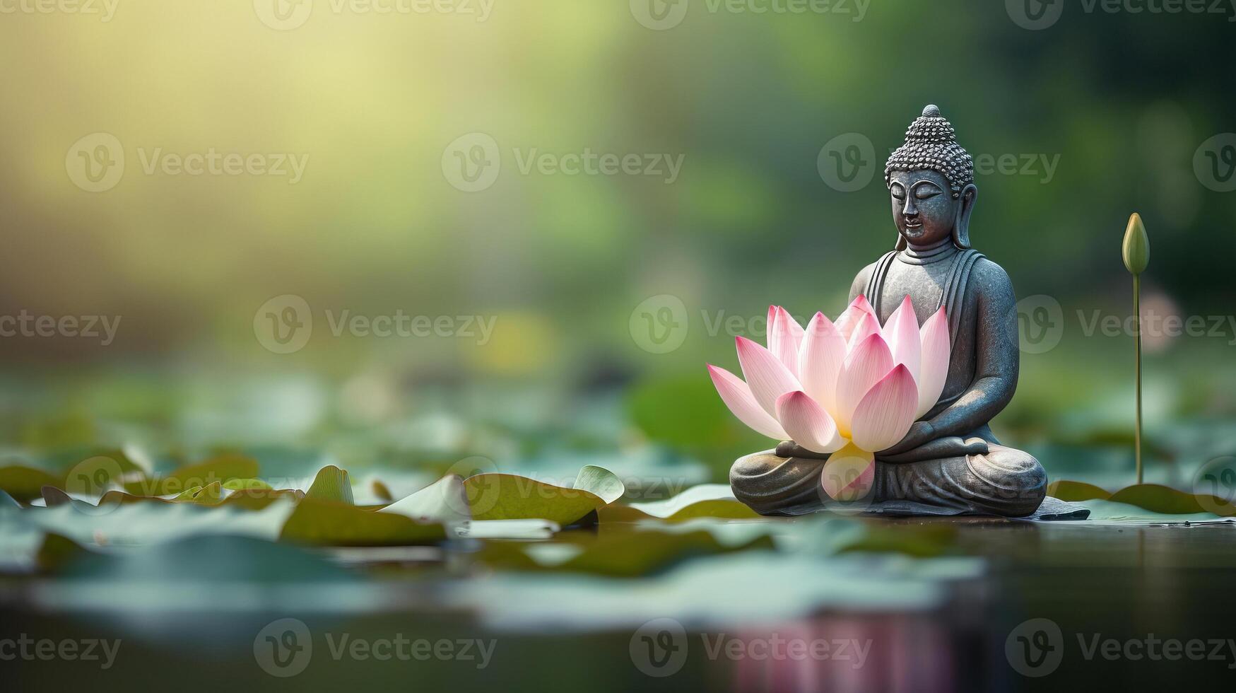 AI generated Meditative Buddha statue surrounded by blooming lotuses in calm waters of pond photo