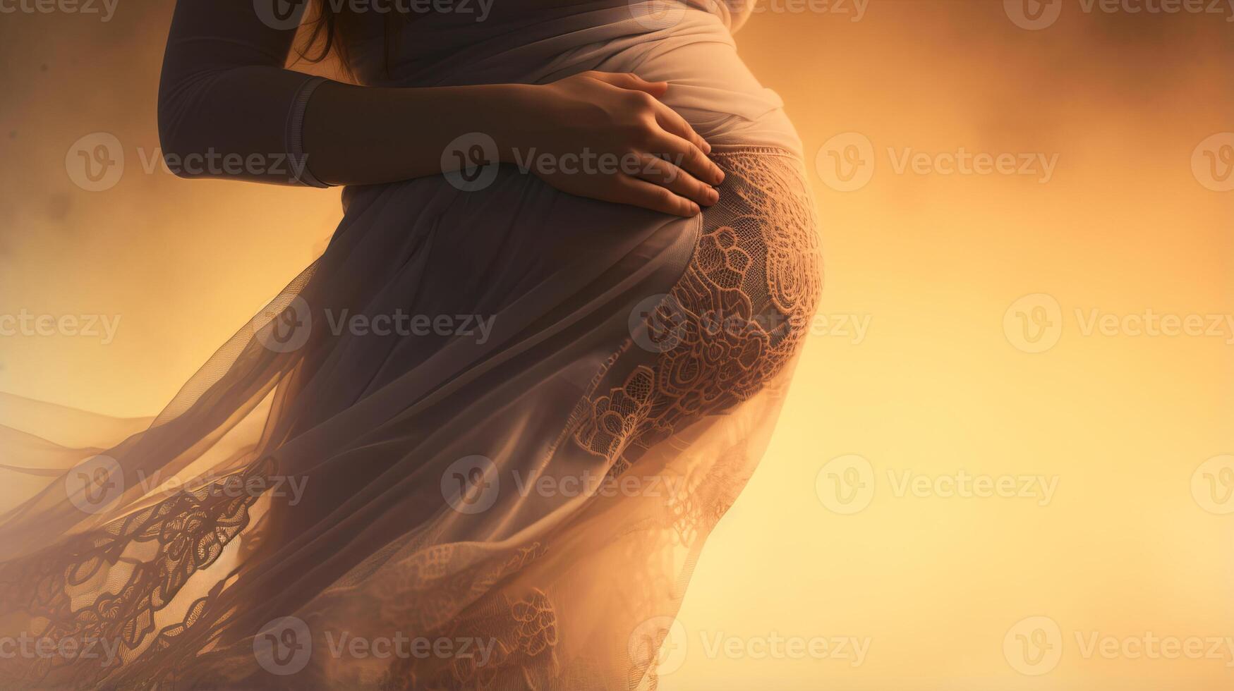 AI generated Close up view to woman hands gently cradling her pregnant belly amidst misty fog photo