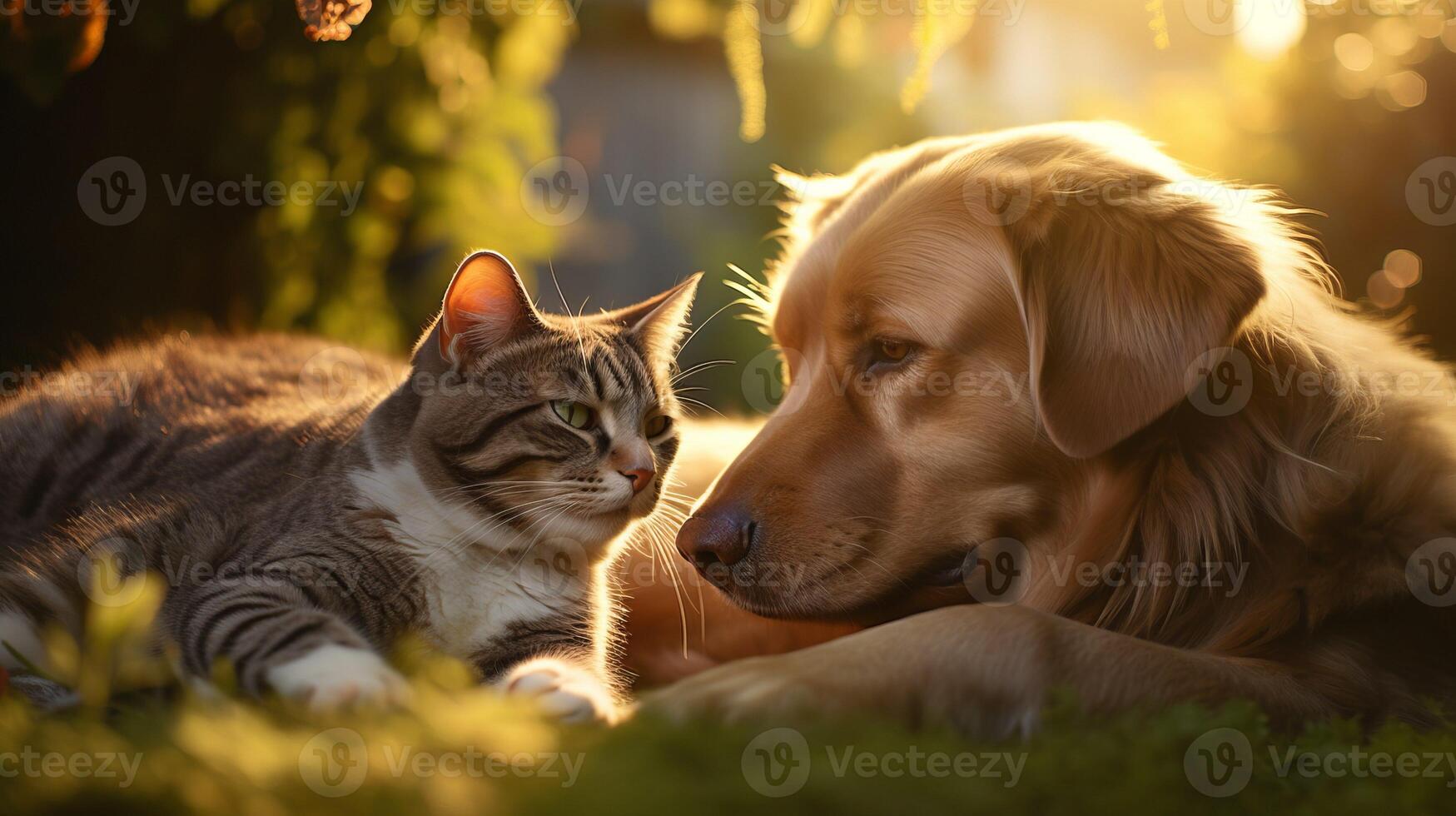 ai generado entrañable gato y linda perro mentira lado por lado en Dom empapado césped, tomando el sol en calor y armonía foto