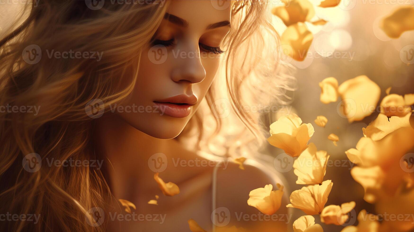 AI generated Yellow petals delicately cascade onto young girl face in close up portrait photo