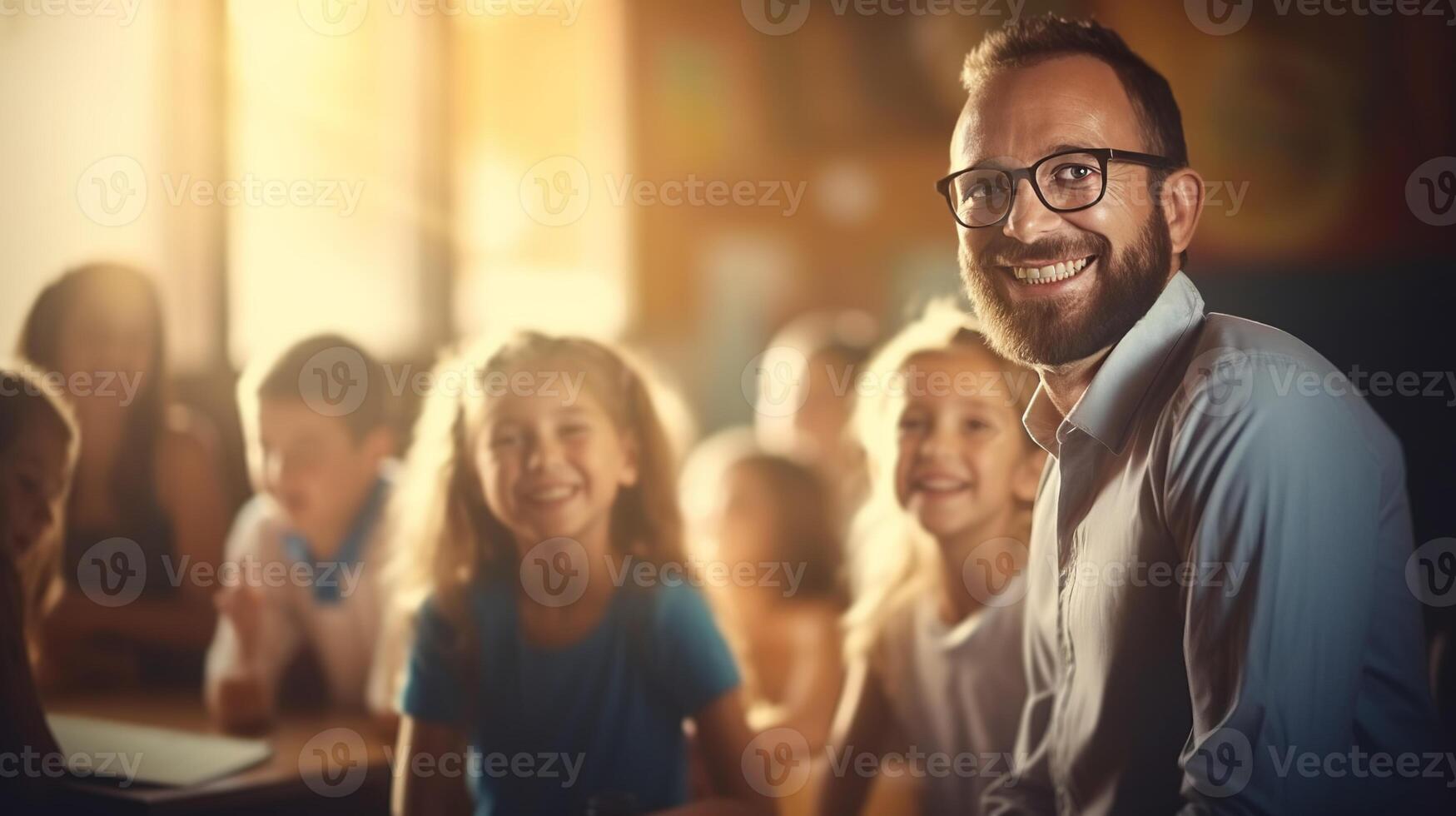 AI generated Handsome smiling man teacher in children class radiates positivity photo