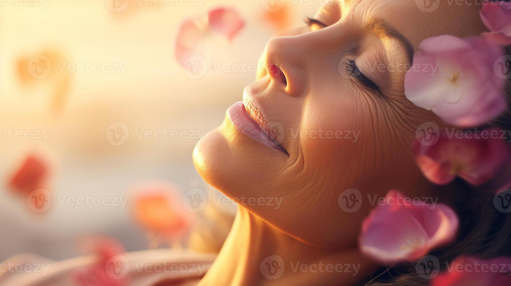 AI generated Rose petals delicately cascade onto middle aged woman face in close up portrait photo