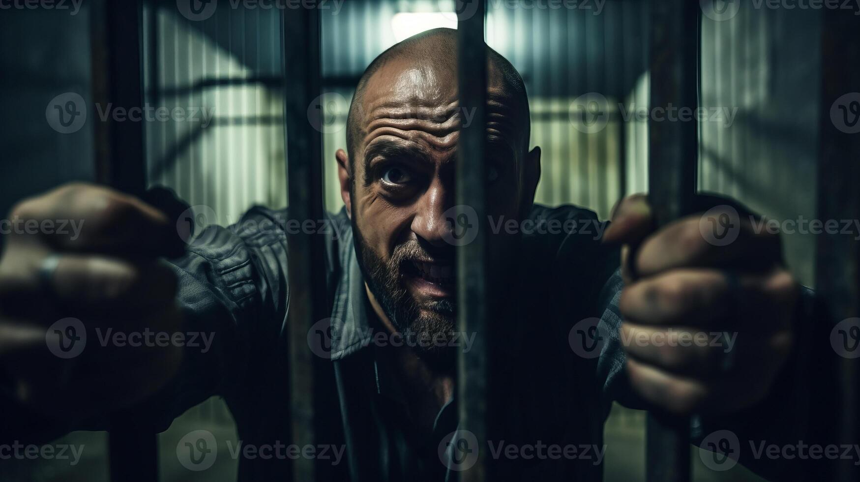 AI generated Angry male inmate confined behind bars desperately asking to released from custody photo