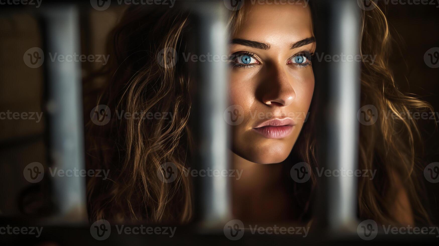 AI generated Sorrowful female inmate sad behind bars desperately asking to released from custody photo