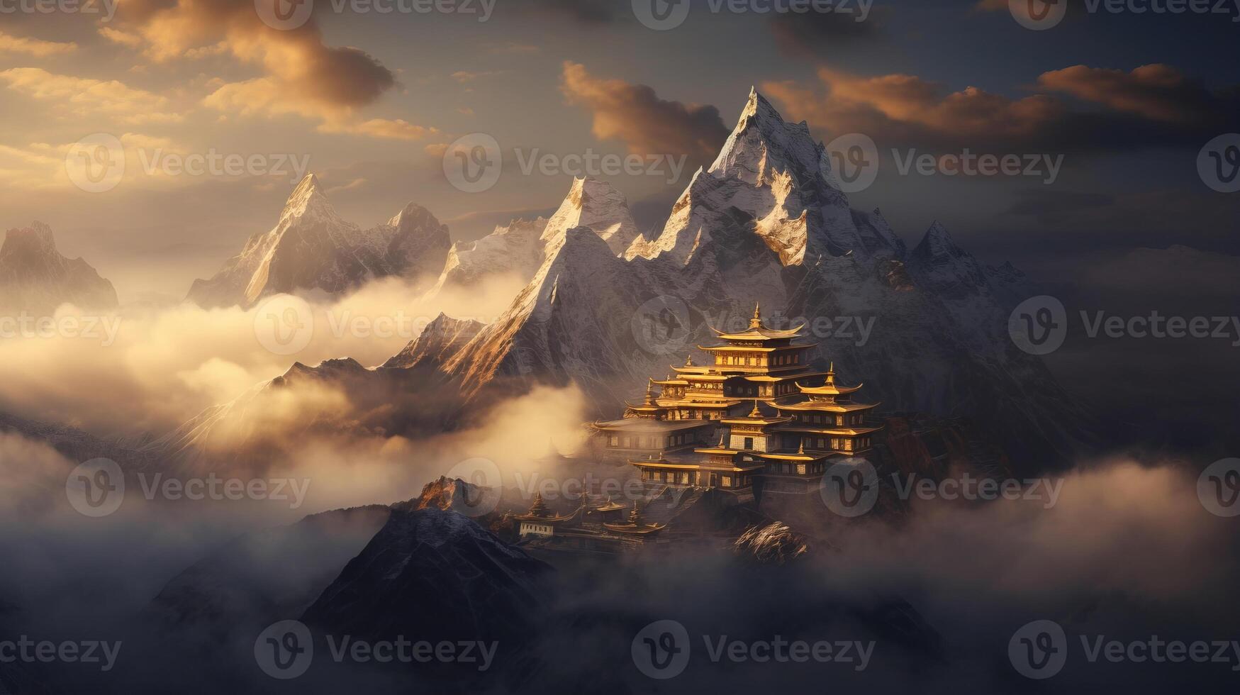 AI generated Majestic buddhist temple nestled in misty mountain surroundings at dawn exudes serenity photo