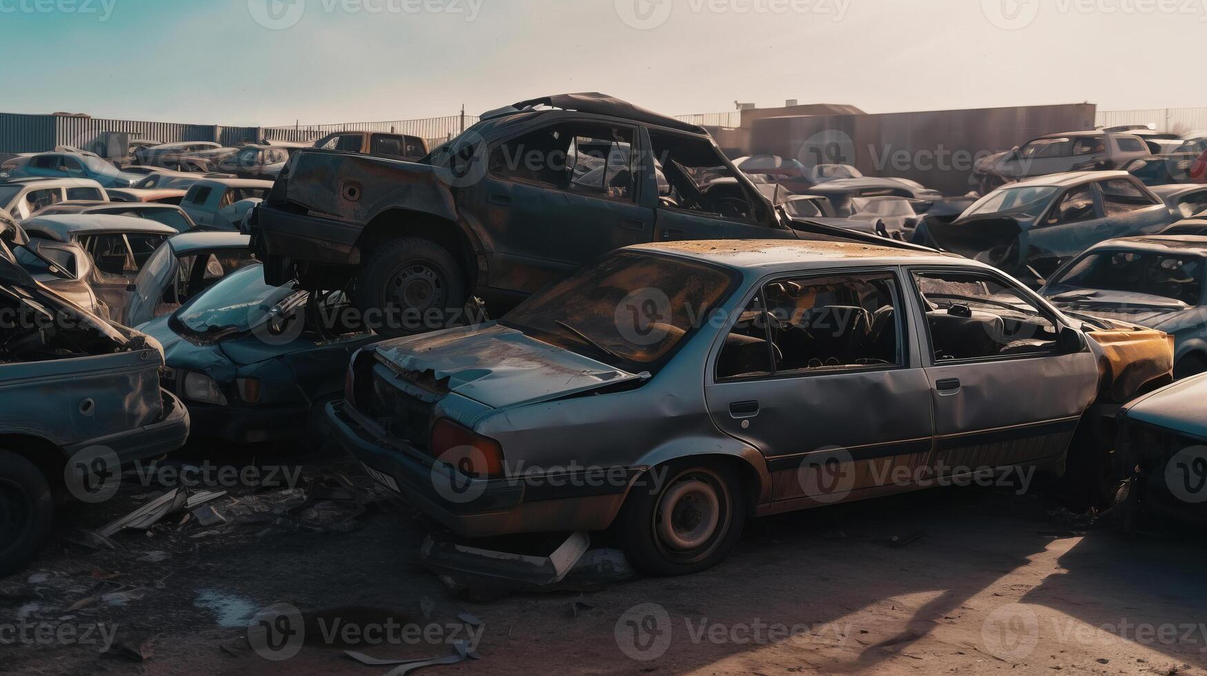 AI generated Car dump with old rusting vehicles forming graveyard of abandoned cars, passage of time photo