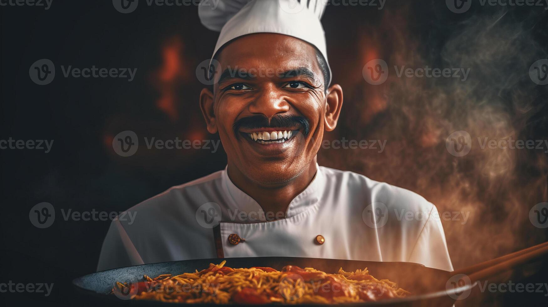 AI generated Smiling Indian chef cooking flavorful spicy dish showcasing aromatic allure of Indian cuisine photo