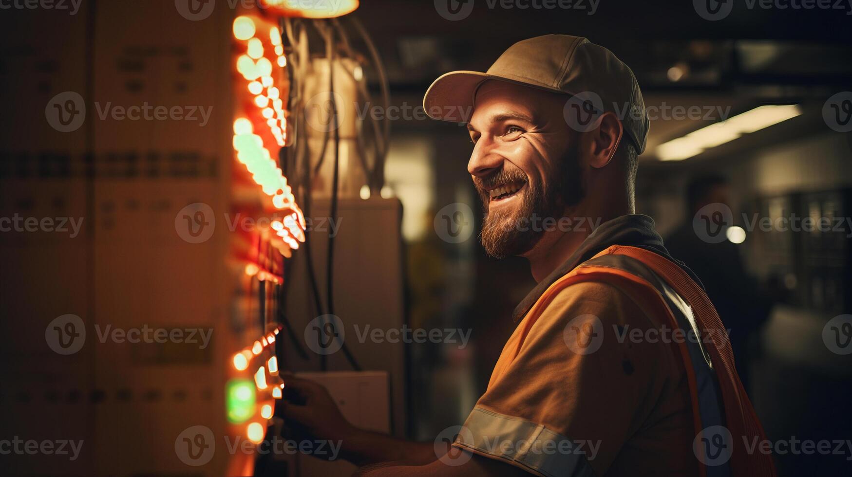 ai generado sonriente electricista, hermoso y experto, soluciona problemas interruptor automático panel foto