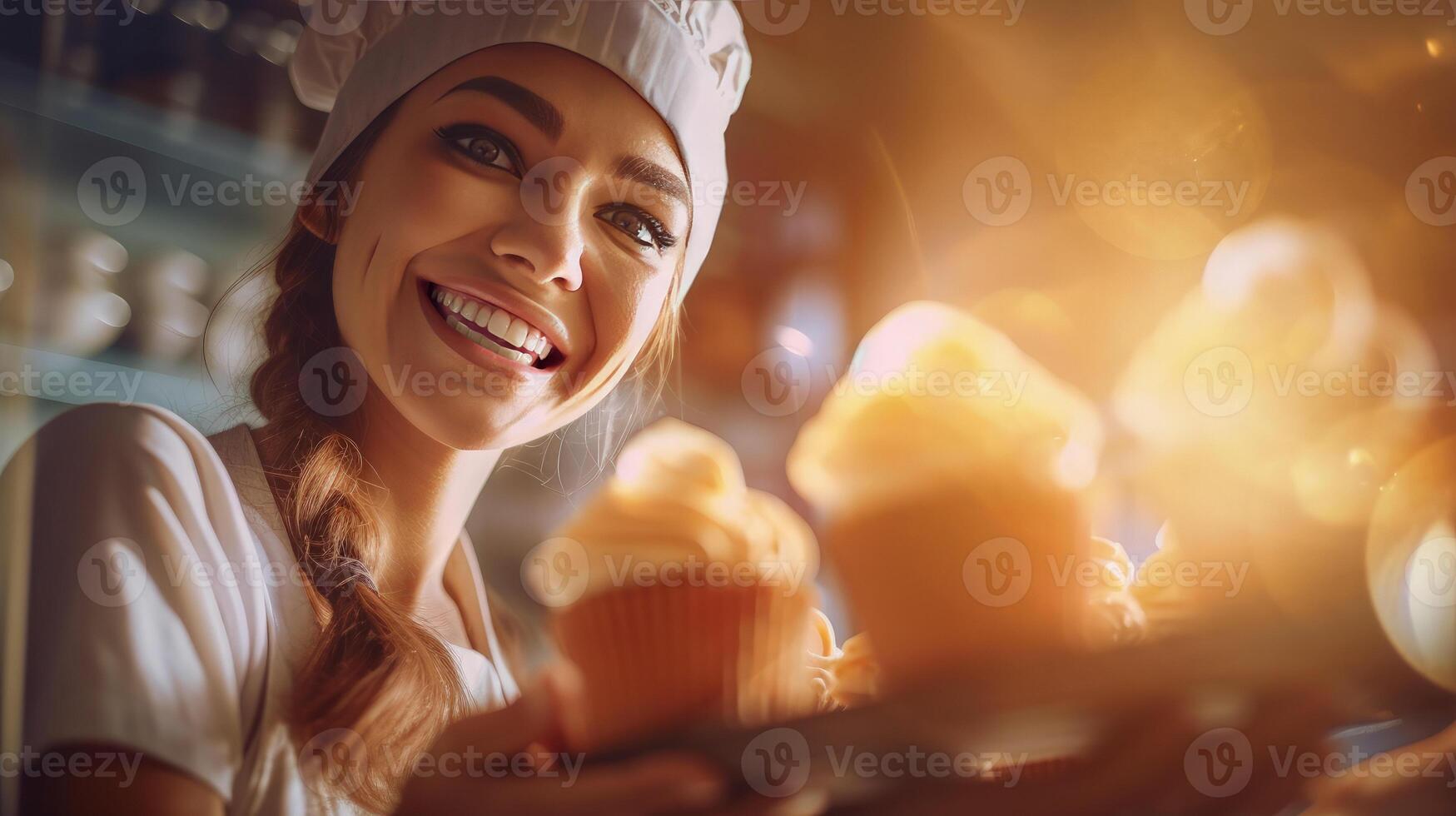 AI generated Cheerful female baker portrait proudly displaying her scrumptious cakes, sunlight background photo