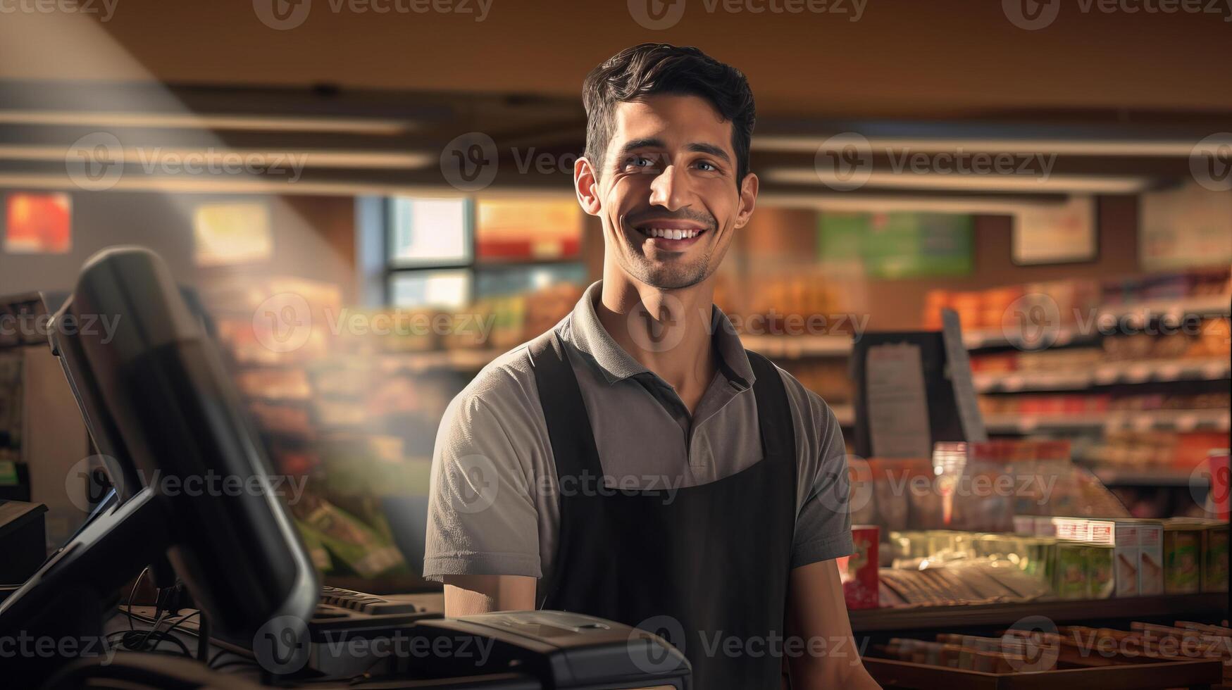 ai generado retrato de alegre sonriente masculino cajero en tienda de comestibles Tienda simboliza simpático cliente Servicio foto