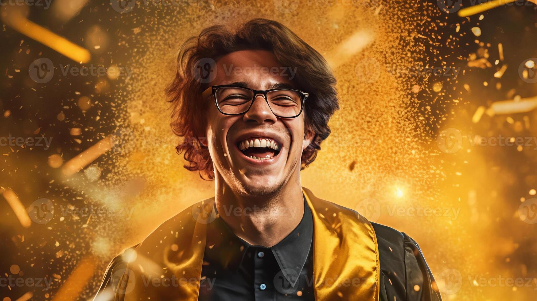 AI generated Happy young man wearing graduation cap and gown, smiling young guy beams with happiness photo