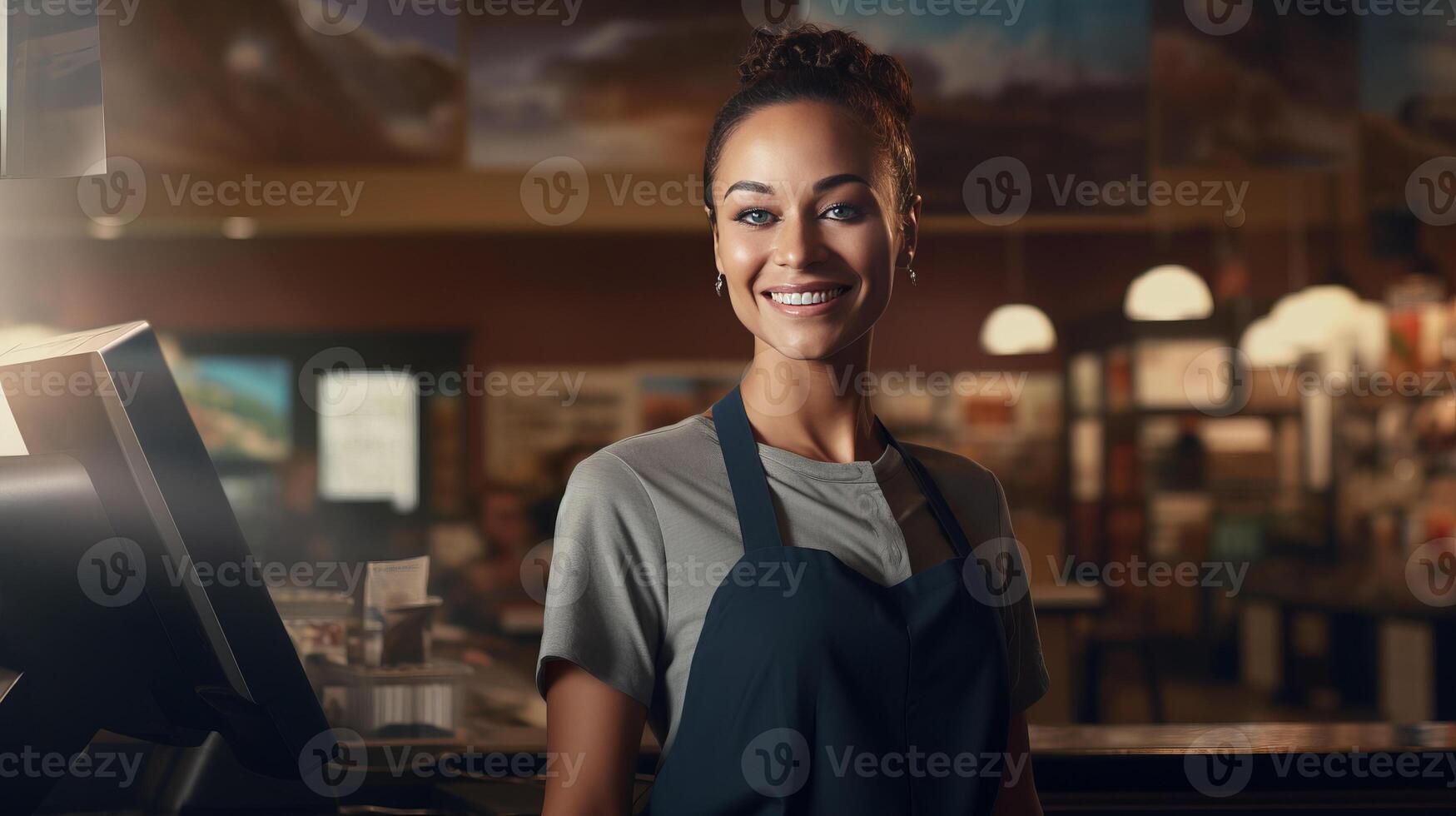 ai generado retrato de alegre sonriente hembra cajero en tienda de comestibles Tienda simboliza simpático cliente Servicio foto