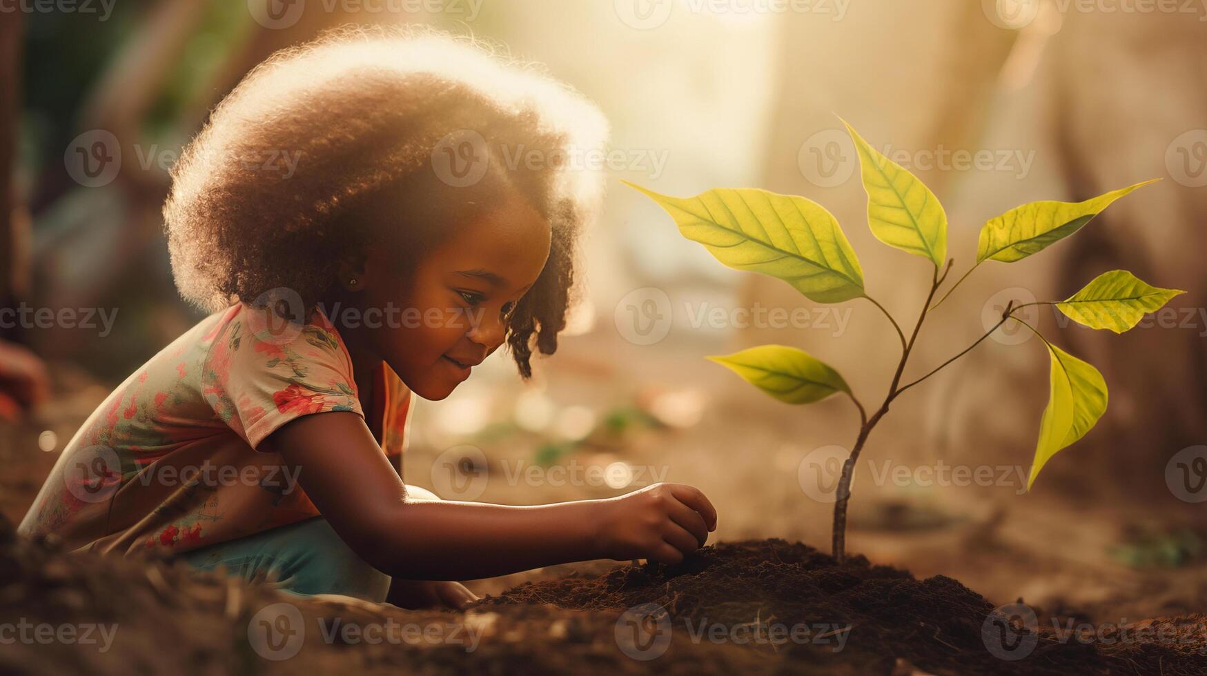 AI generated Little girl carefully plants tree sapling in ground of sunlight garden creating heartwarming scene photo