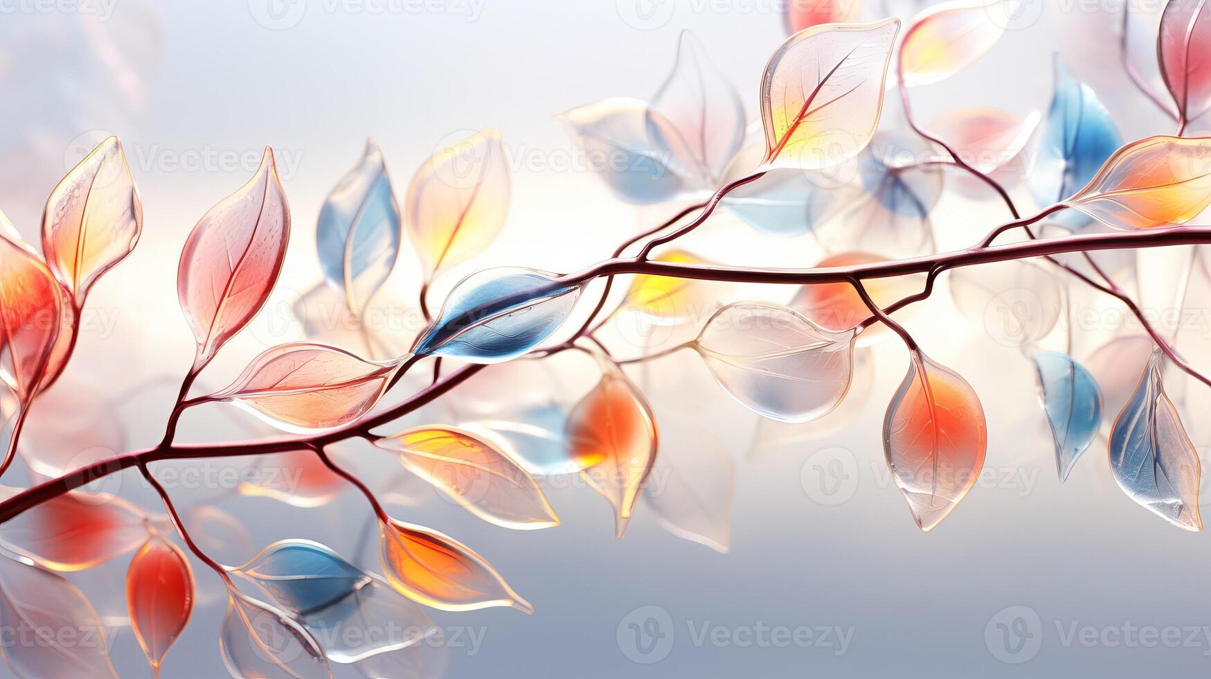 AI generated Multicolored translucent ice leaves on tree branch in delicate soft light evoking sense of awe photo