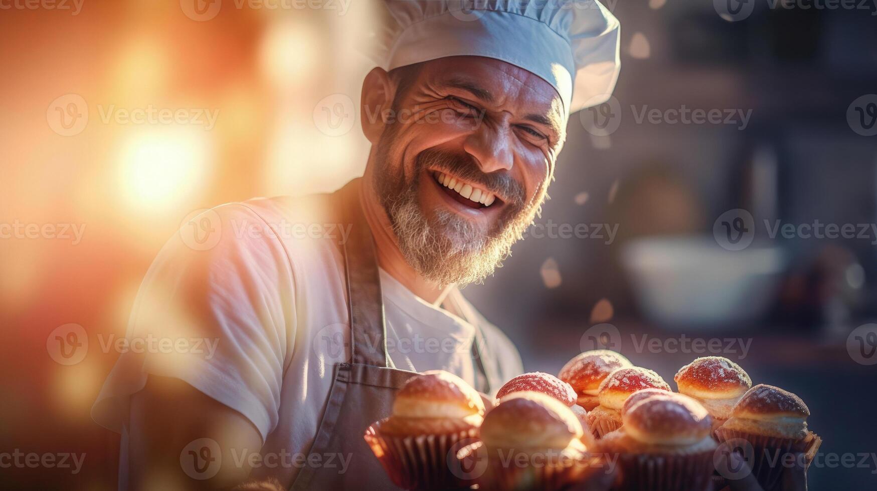 AI generated Cheerful male baker portrait proudly displaying his scrumptious cakes, sunlight background photo